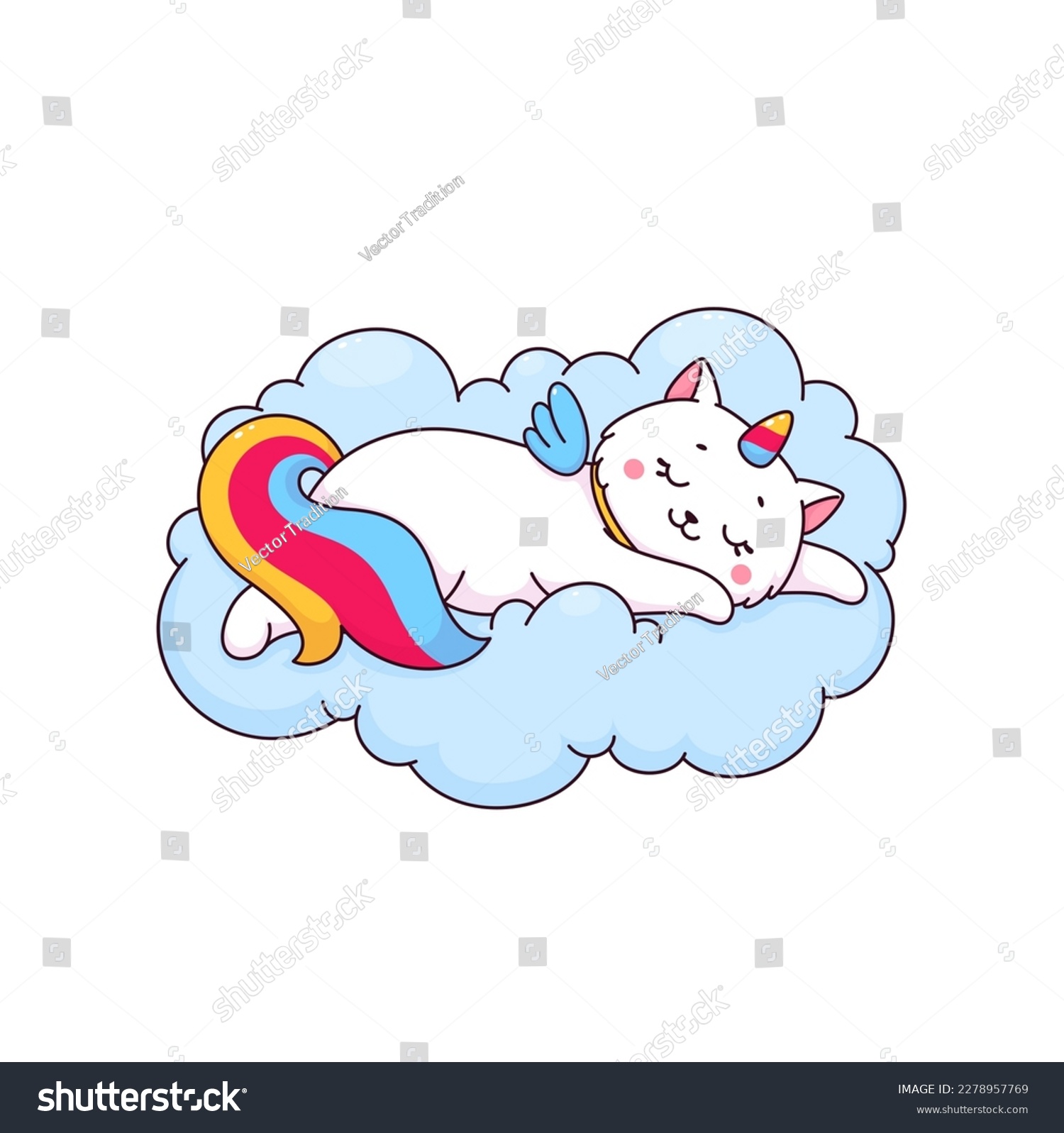 SVG of Cartoon cute caticorn character. Vector white unicorn cat sleeping on soft fluffy cloud. Kawaii magic kitten personage with colorful rainbow tail, horn and wings. Funny fairytale kitty sleep in sky svg