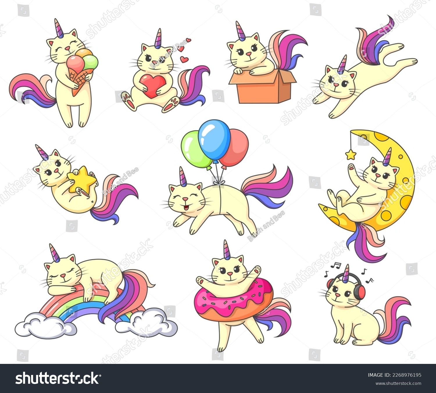SVG of Cartoon cute caticorn characters isolated vector set. Fairytale personages eating ice cream, holding heart, playing with box, star, balloons and donut, sleeping on rainbow and listening to music svg