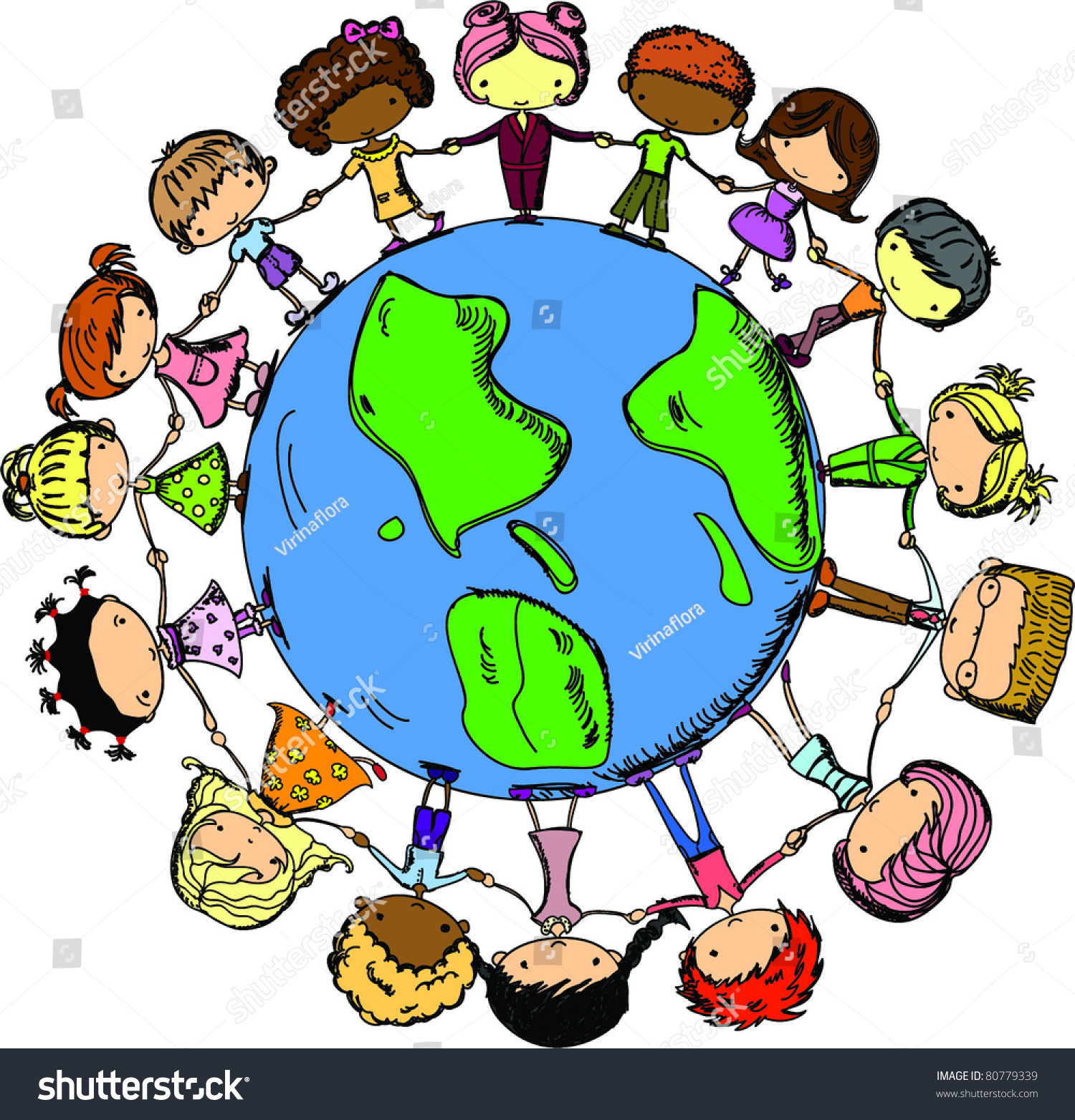 Cartoon Cute Children Holding Hands Around The Globe Stock Vector ...