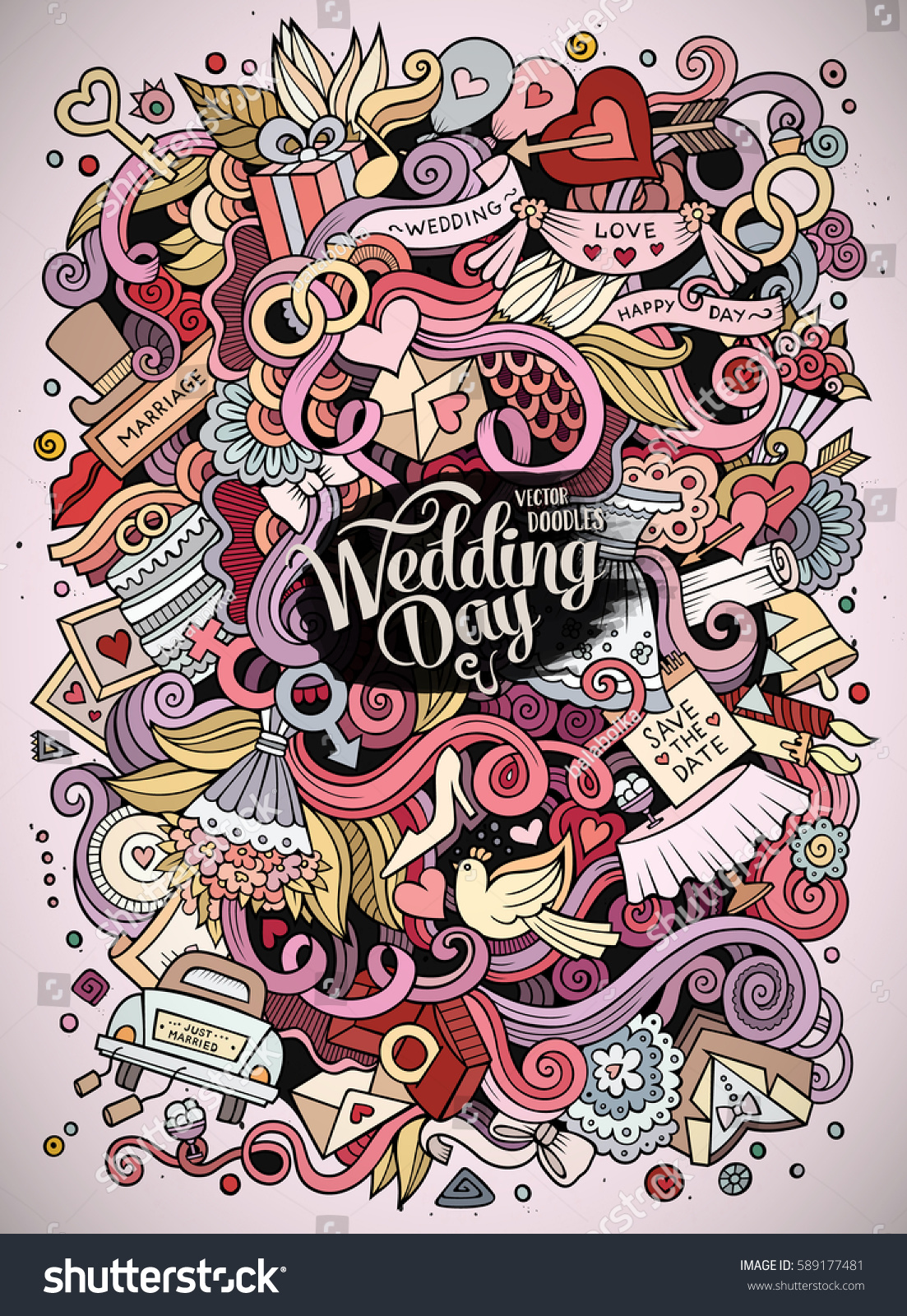 Cartoon Cute Doodles Hand Drawn Wedding Illustration Colorful Detailed With Lots Of Objects Background