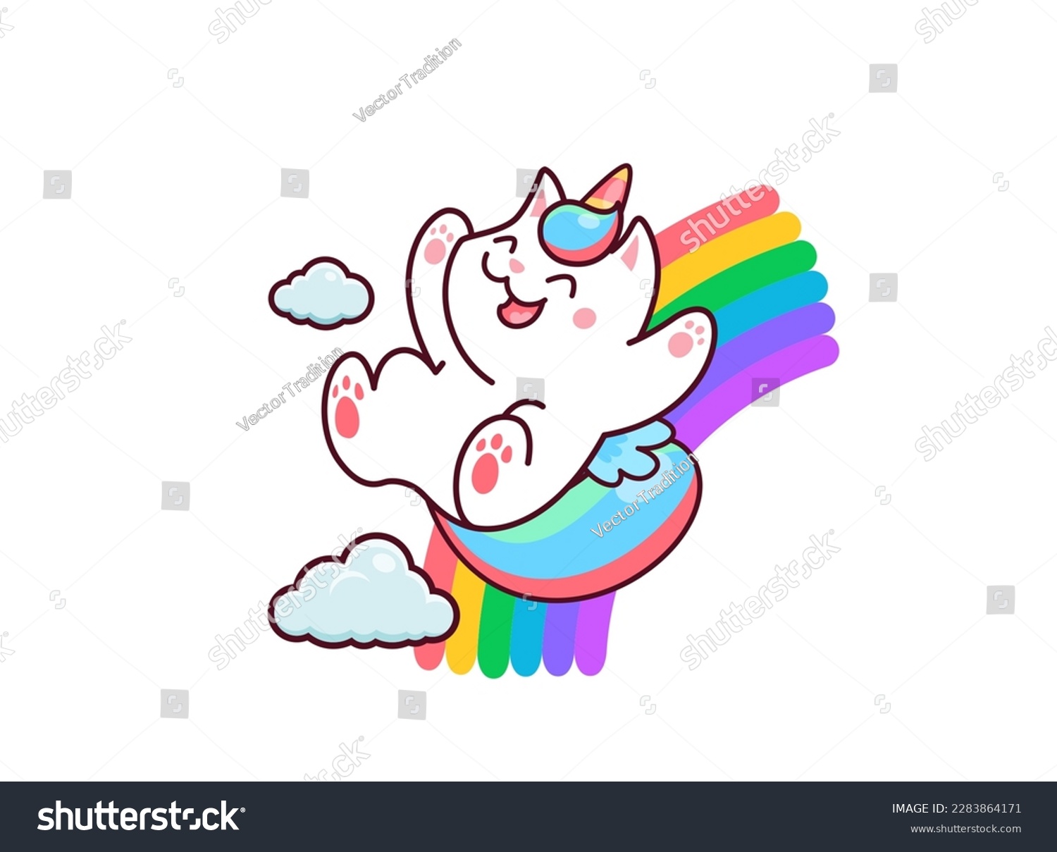 SVG of Cartoon cute kawaii caticorn character riding on rainbow. Magic creature of unicorn cat or kitty vector personage with rainbow horn and tail. Happy caticorn pet animal playing in sky with cloud svg