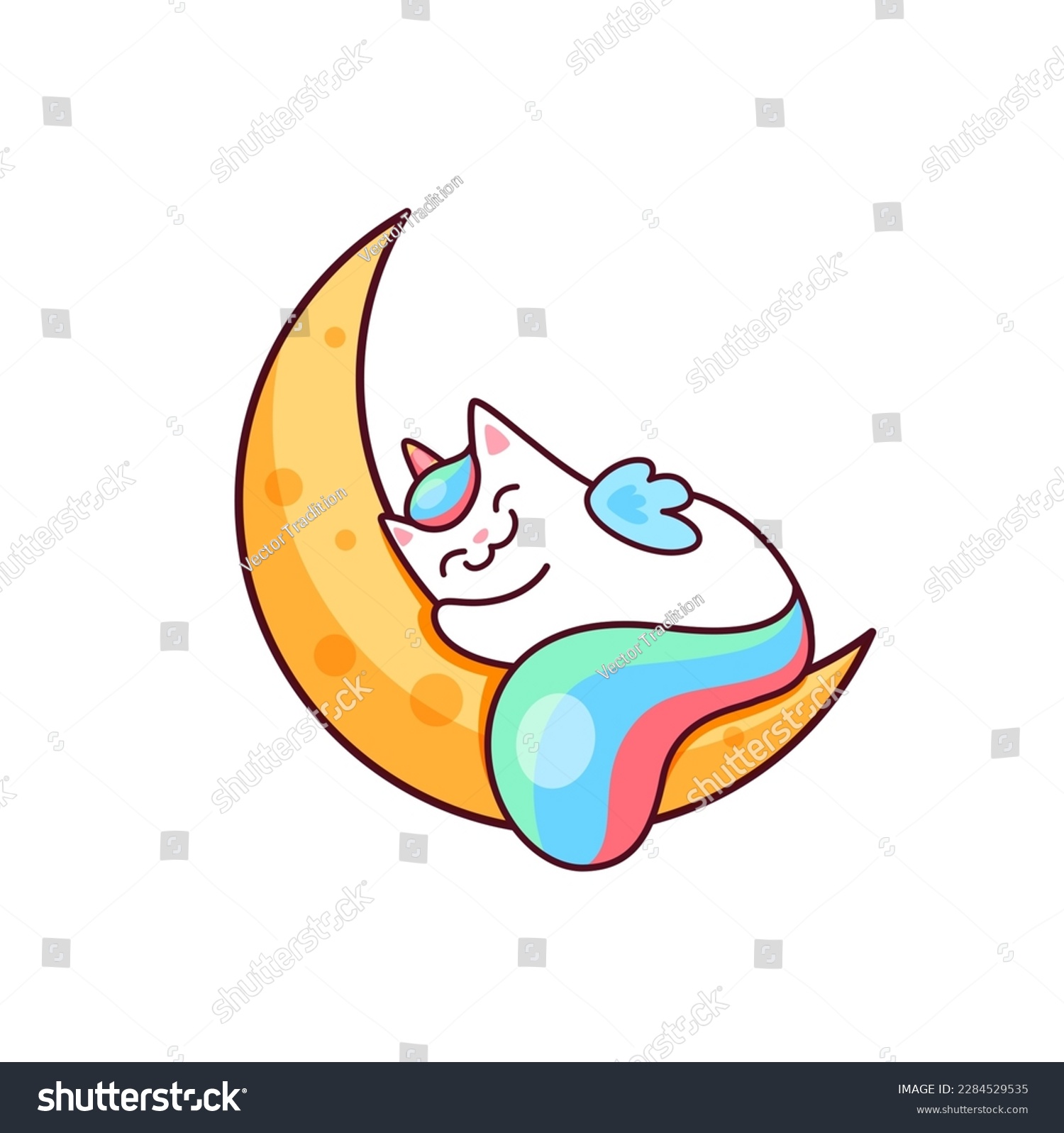 SVG of Cartoon cute kawaii caticorn character sleeping on the moon. Vector white unicorn cat with colorful rainbow tail. Magic kitty with horn sleep on crescent seeing sweet dreams. Funny kitten personage svg