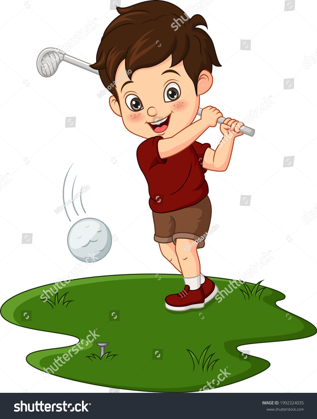 Cartoon Cute Little Boy Playing Golf Stock Vector (Royalty Free ...