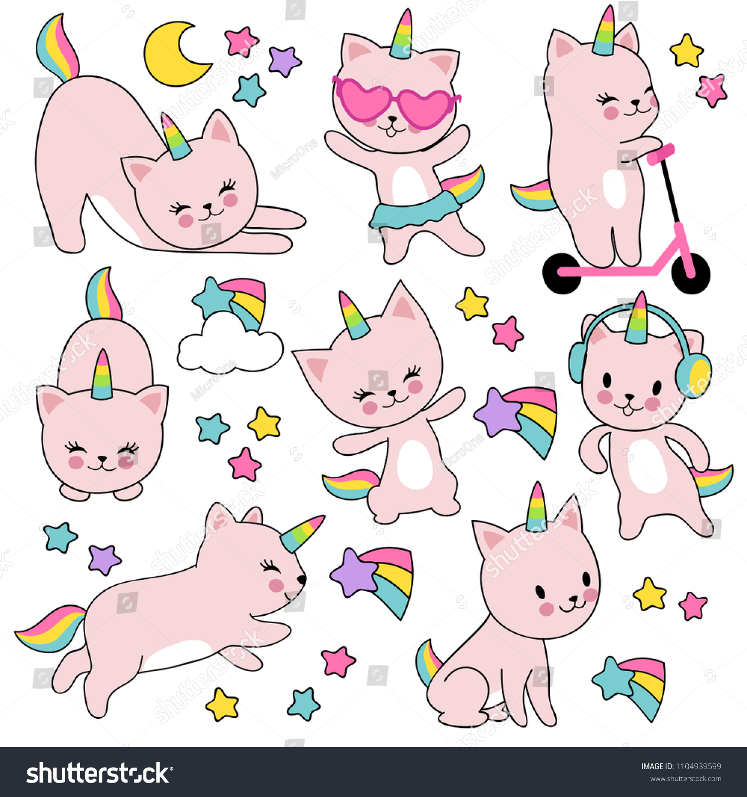 SVG of Cartoon cute white cat unicorns. Funny caticorn kittens vector set. Character funny animal kitten with horn illustration svg