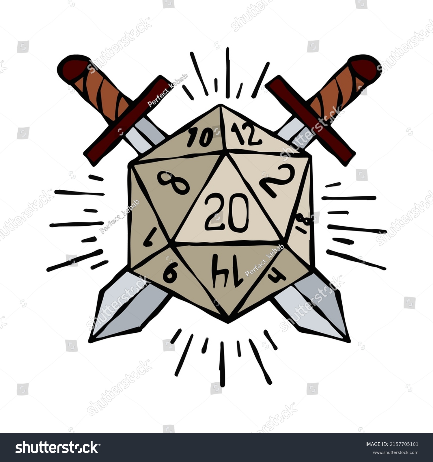 SVG of Cartoon dice for fantasy dnd and rpg Board game. Outline cartoon with medieval sword. svg