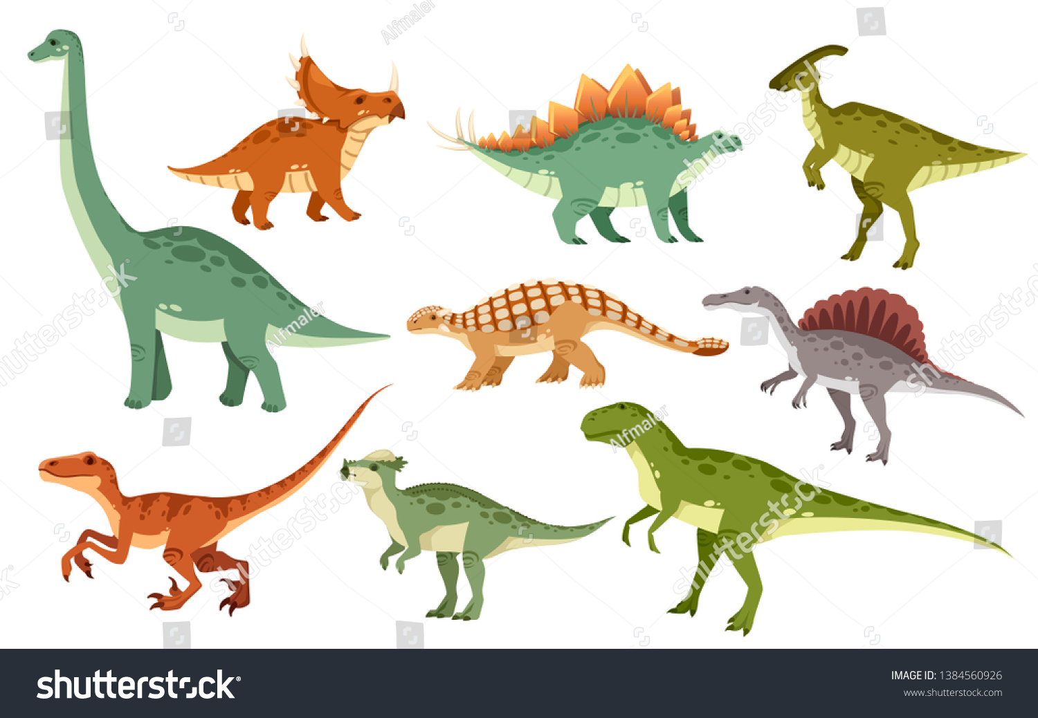 恐竜の漫画セット かわいい恐竜のアイコンコレクション 色と捕食動物と草食動物 白い背景に平らなベクターイラスト のベクター画像素材 ロイヤリティフリー