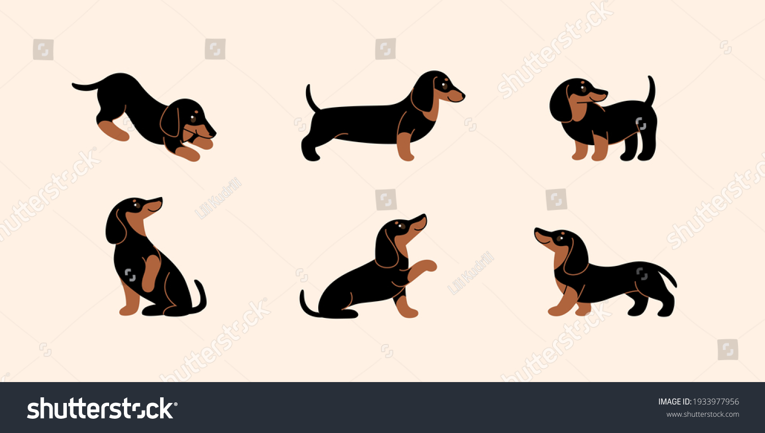 SVG of Cartoon dog icon set. Different poses of dachshund. Vector illustration for prints, clothing, packaging, stickers. svg