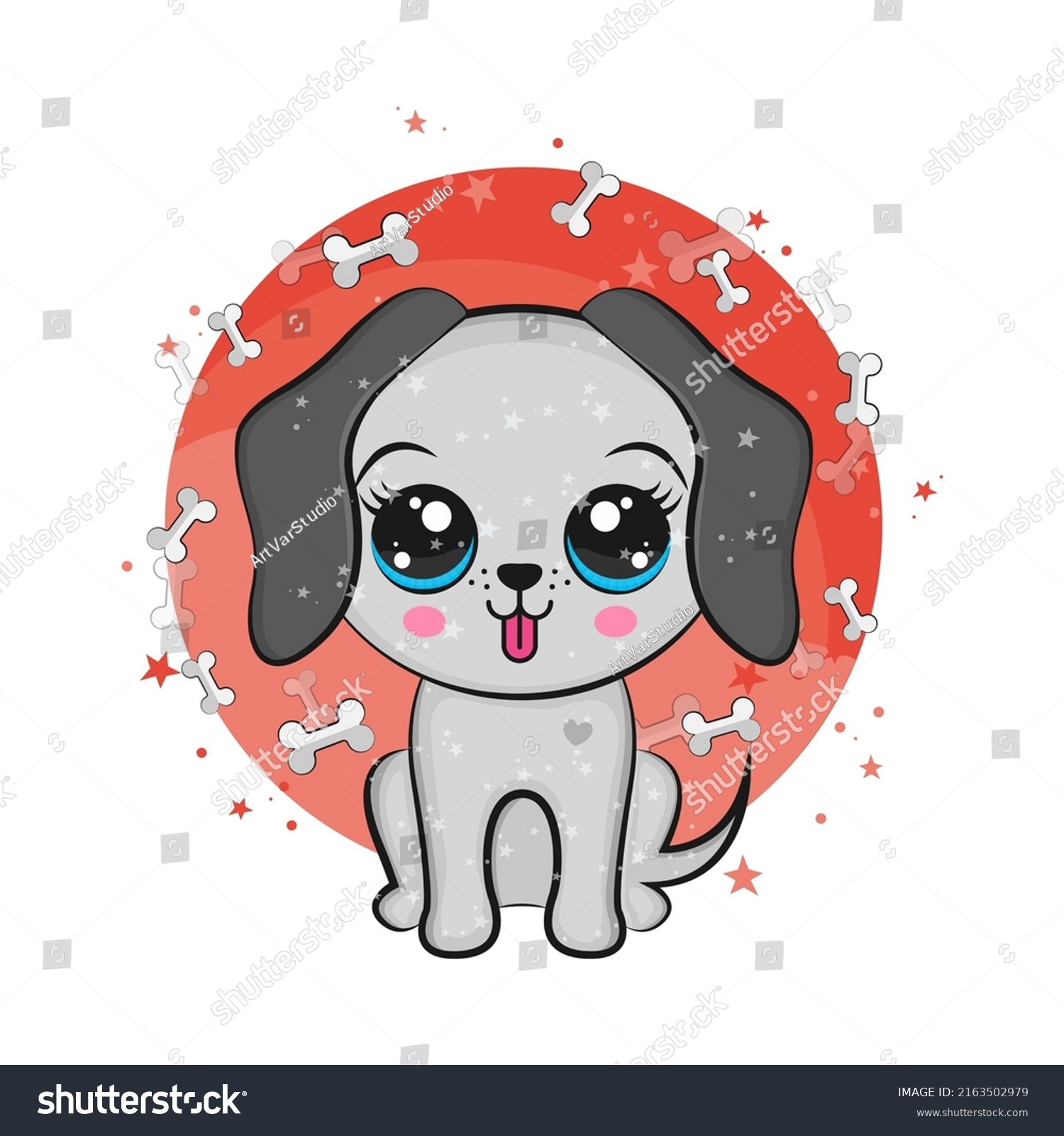 SVG of Cartoon dog on a background with bones. Vector illustration of an animal. Cute illustration of animal for kids, baby book, fairy tales, baby shower invitation, textile t-shirt, sticker. svg