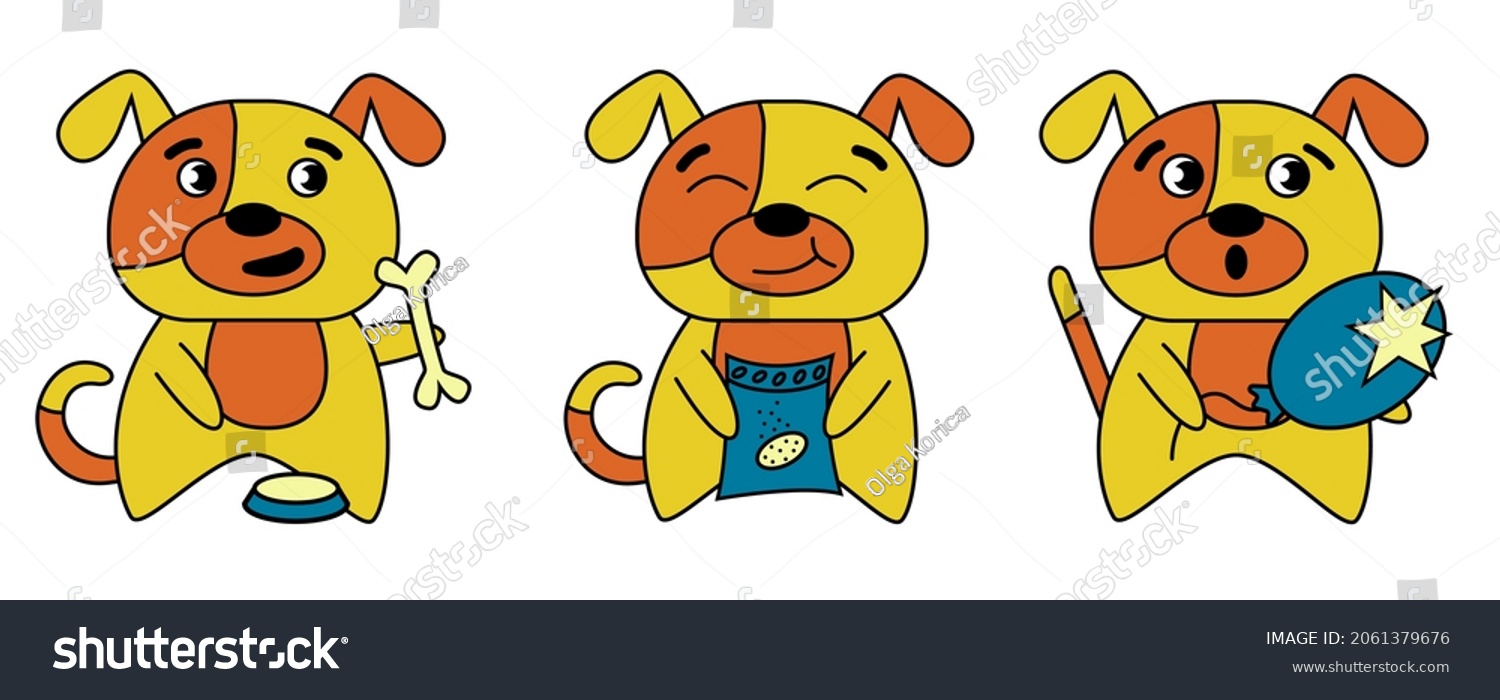 SVG of Cartoon dog, set of three puppies. A dog eating a bone, a dog chewing dry food, a burst ball svg