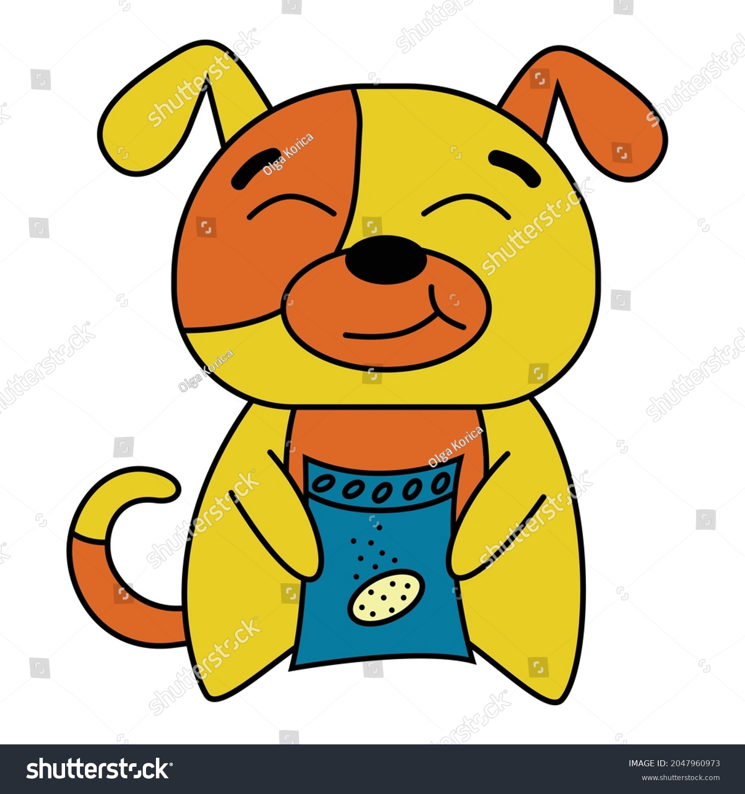 SVG of Cartoon dog sticker. Dog chewing dry food from package, cute mascot character vector illustration svg