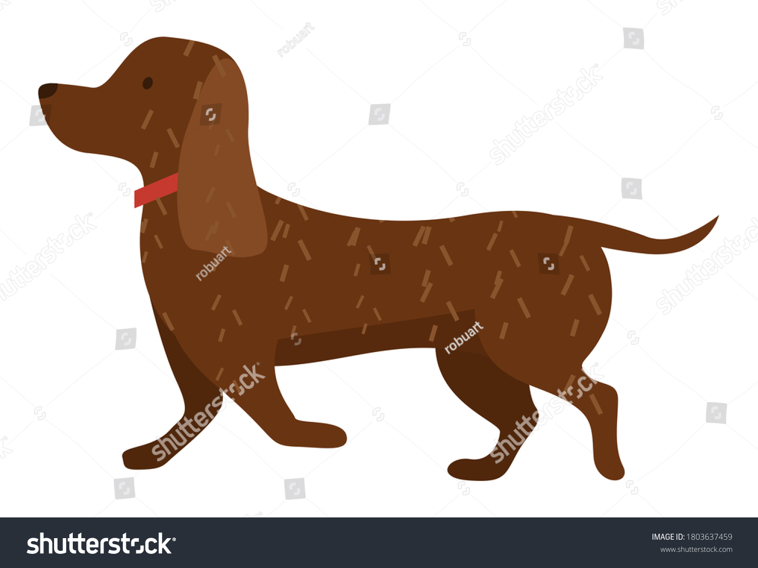 SVG of Cartoon dog vector illustration of cute purebred dachshund isolated on white background side view. Brown puppy runs along the road. Pet in a red collar for a walk. Domestic animal adorable doggy svg