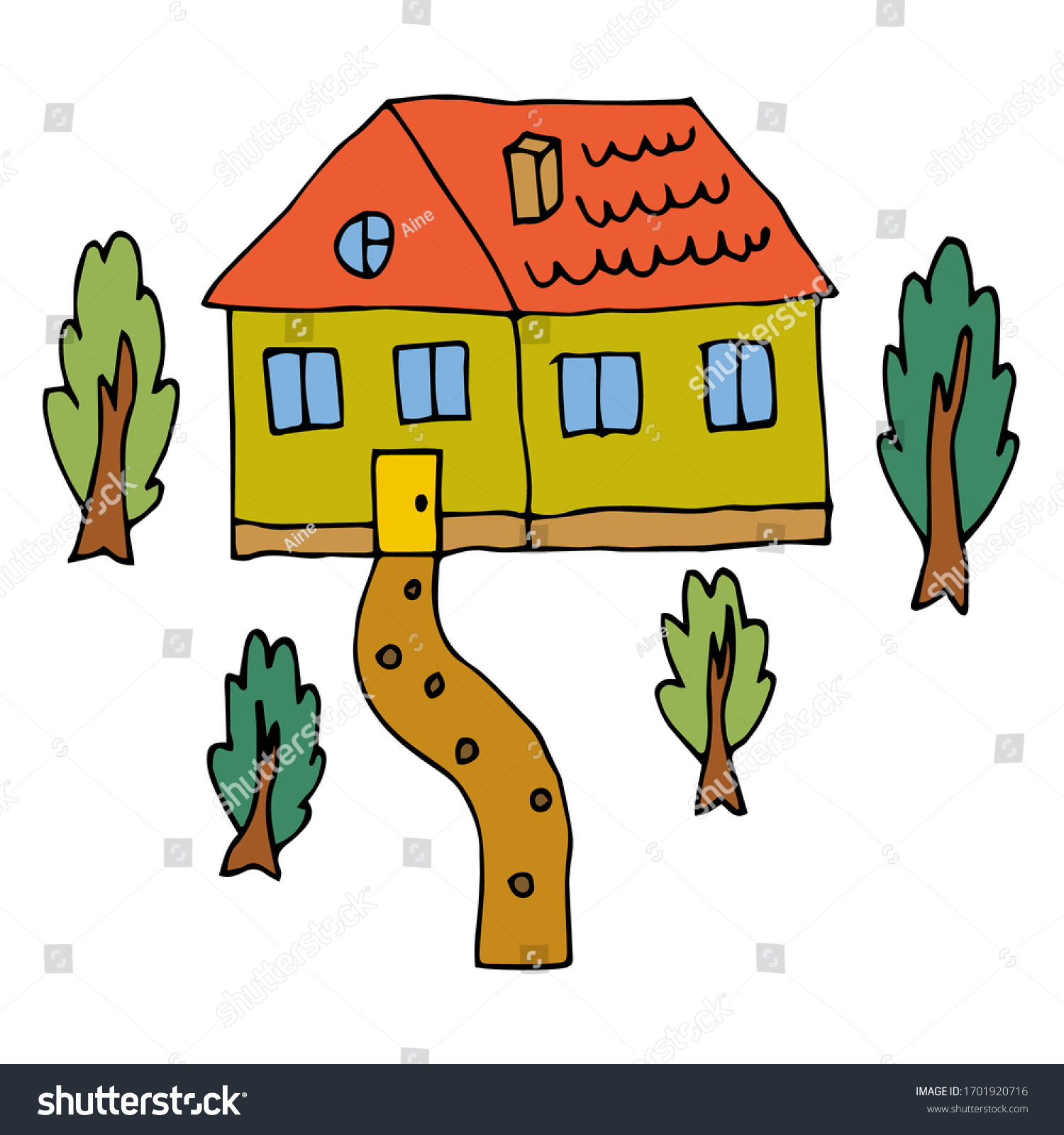 Cartoon Doodle House Garden Trees Isolated Stock Vector (Royalty Free ...