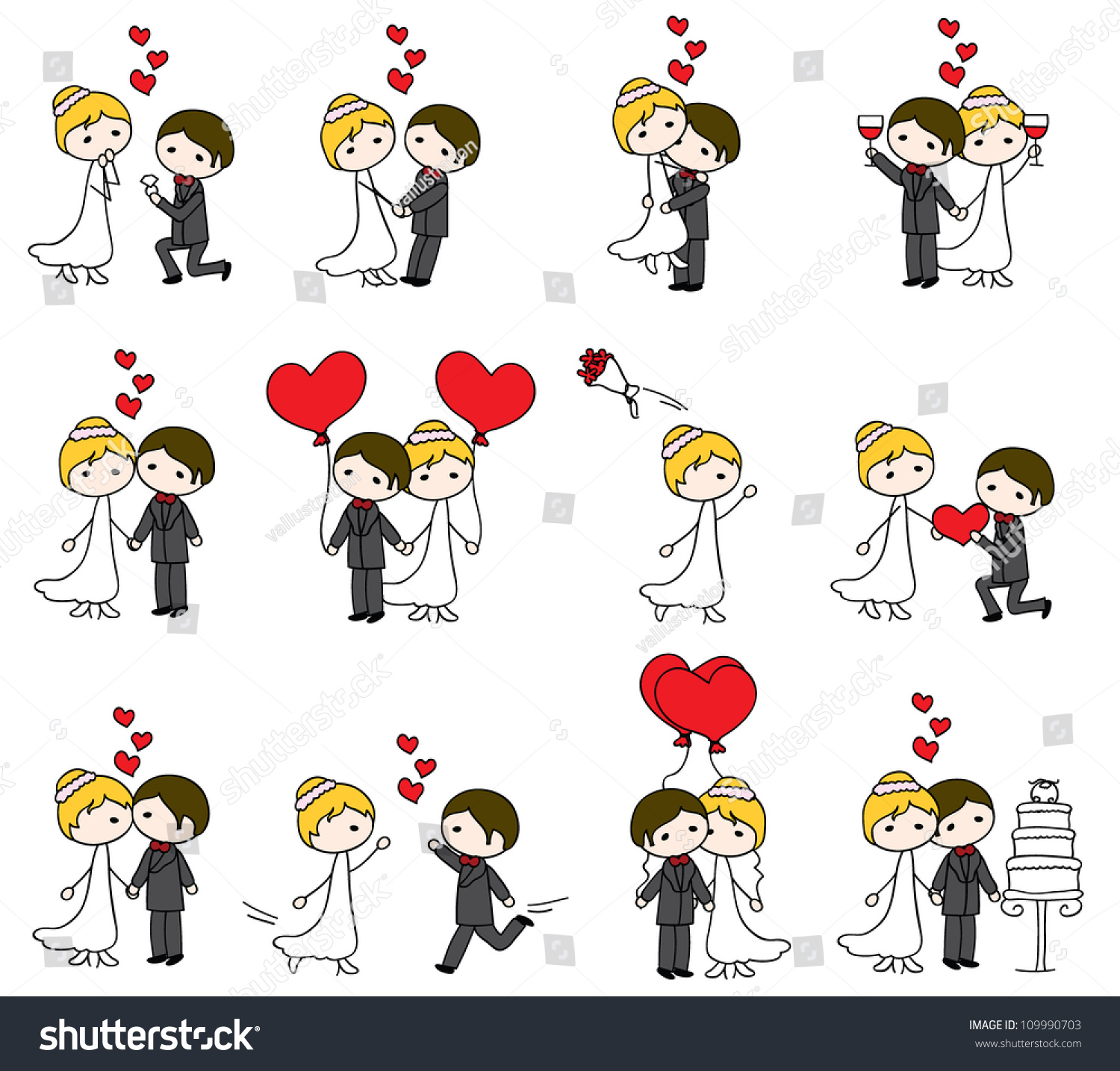 Cartoon Doodle Wedding Couple Hearts Stock Vector 109990703 - Shutterstock