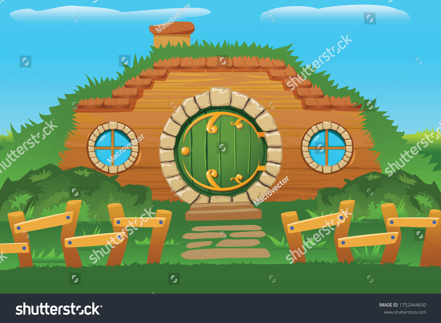 SVG of Cartoon doors composition with outside view of hobbit house built in hill side with round windows vector illustration svg