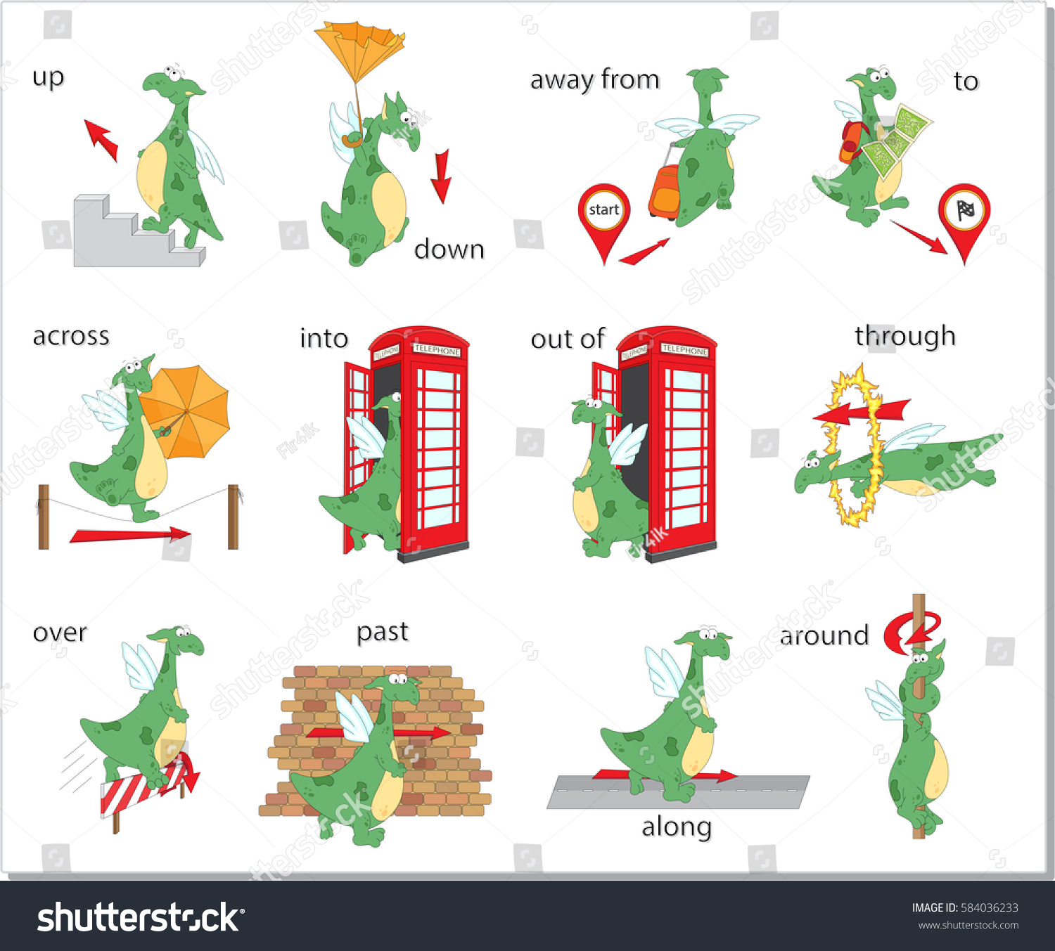 cartoon dragon prepositions movement up down stock vector royalty