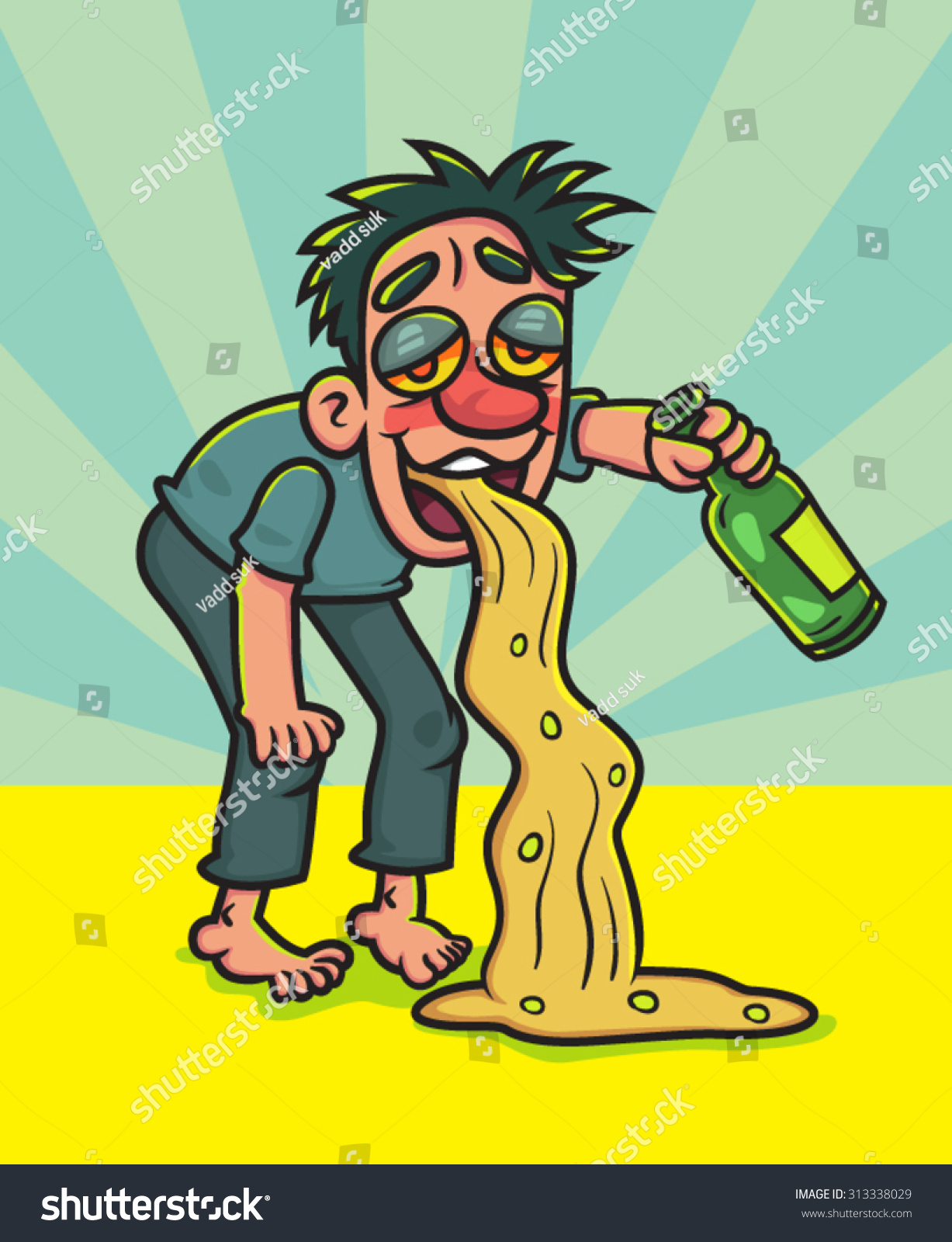 Cartoon Drunk Man With Bottle Vomits, Illustration - 313338029 ...