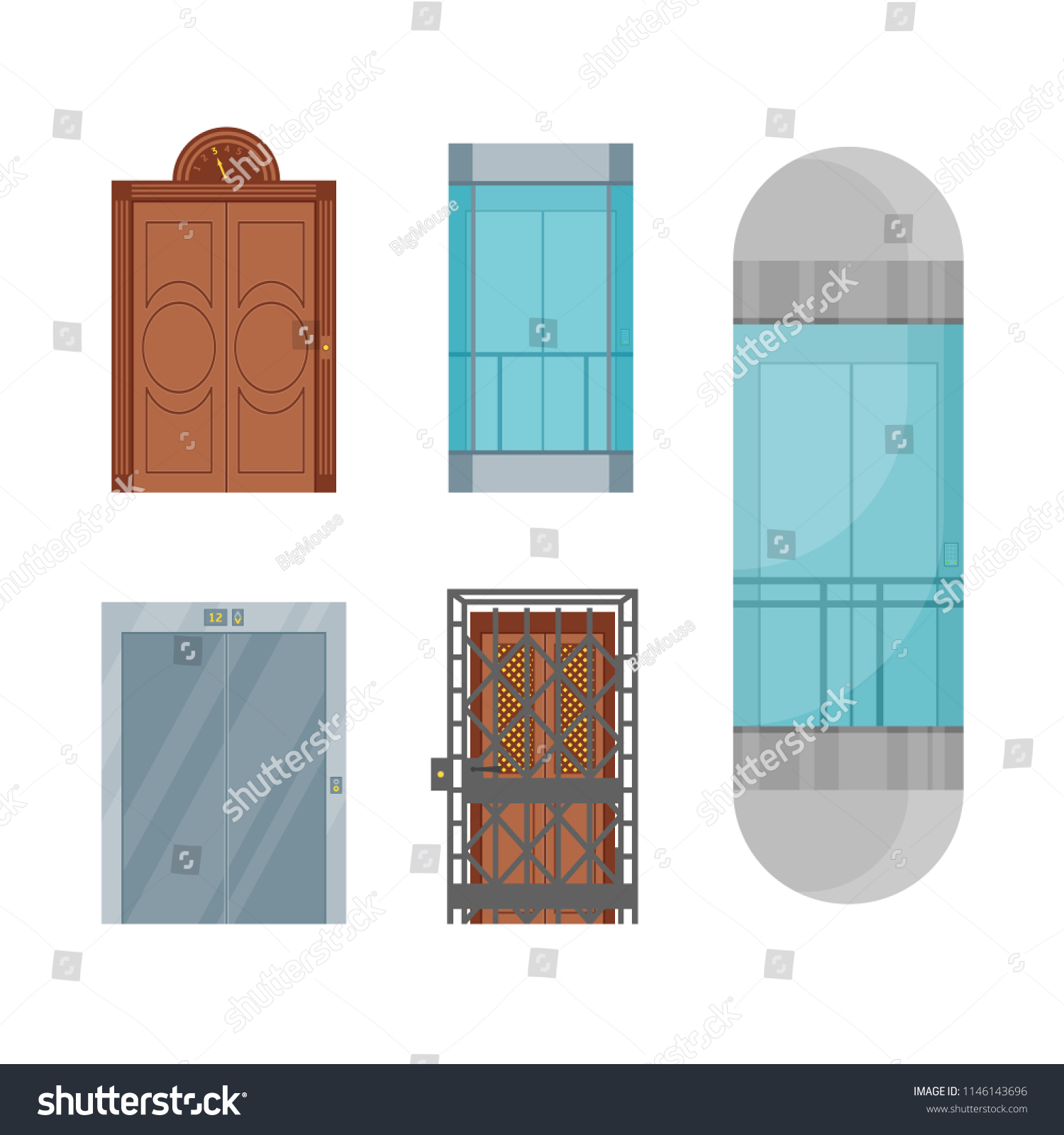 Cartoon Elevators Set Different Types Interior Stock Vector