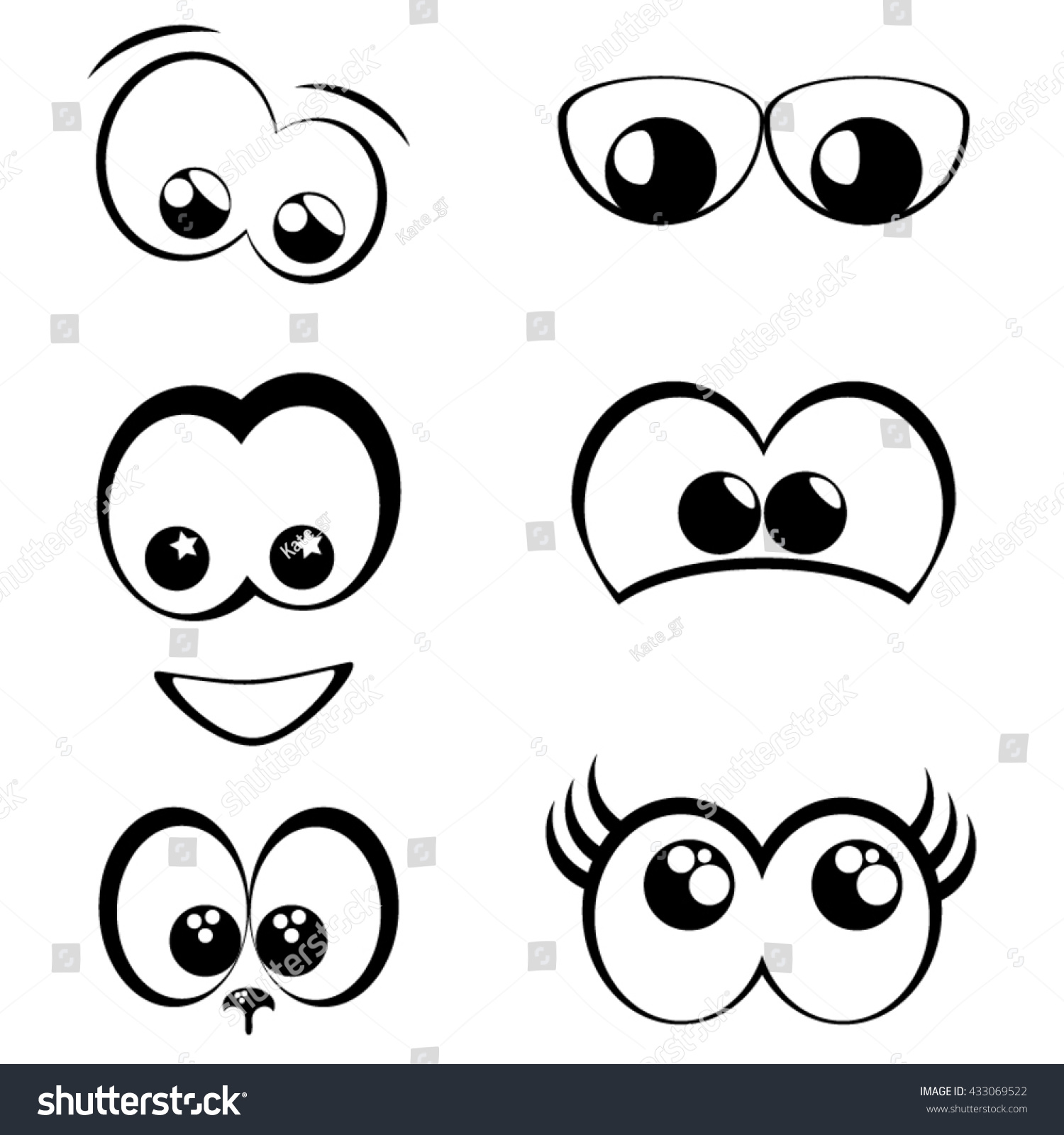 Cartoon Eyes Set Monochrome Icons Thin Stock Vector (Royalty Free ...