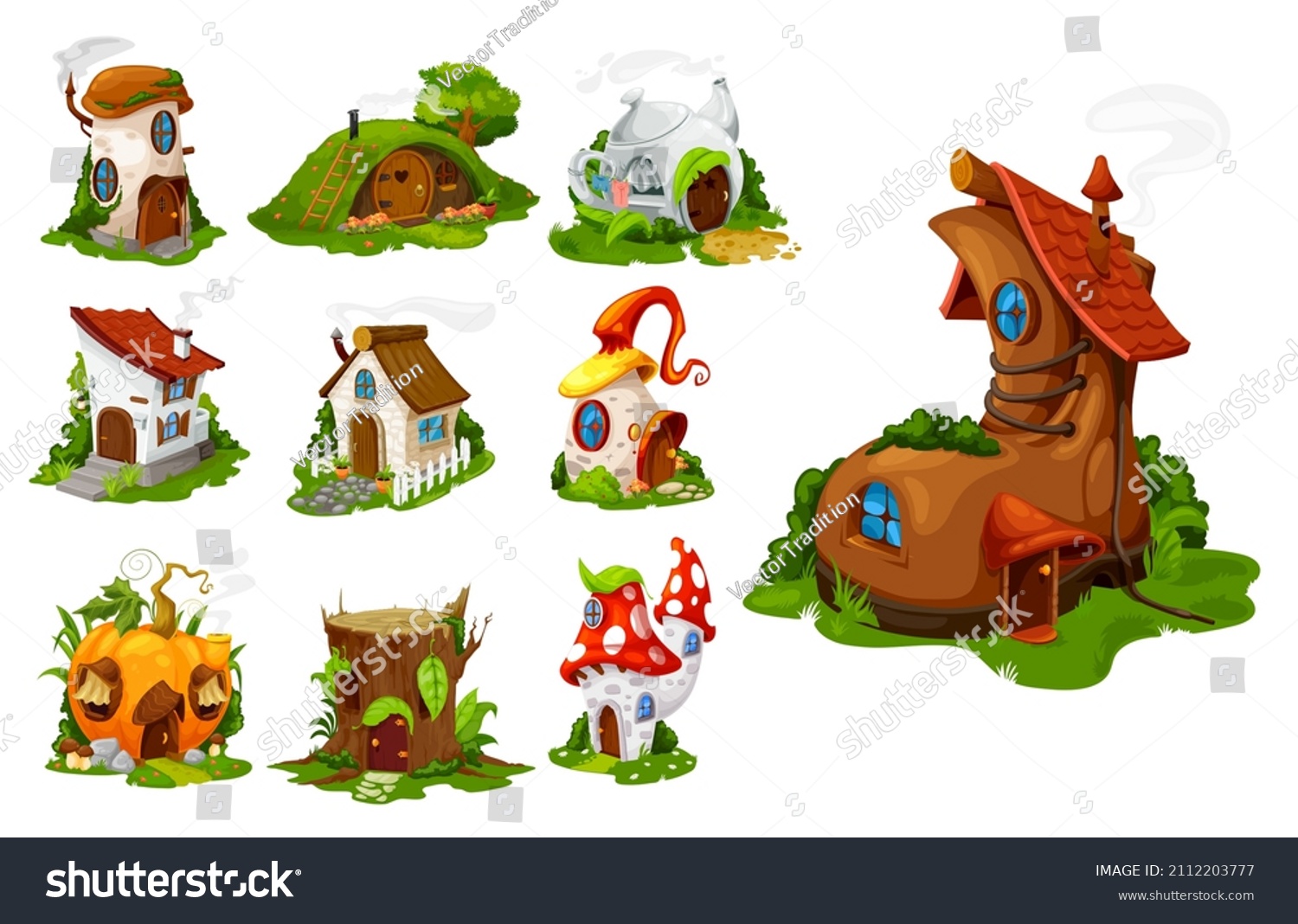 SVG of Cartoon fairytale houses and dwelling, fantasy isolated vector buildings. Pumpkin, tree stump, old boot and cozy cottage. Fairy, gnome or elf cute homes in fly agaric mushroom, hillock and teapot set svg