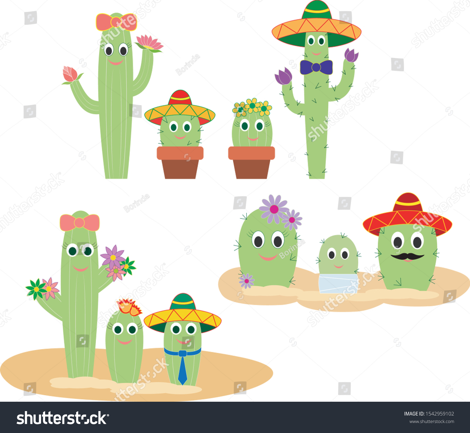 Cartoon Family Cactus Flowers Vectors Stock Vector Royalty Free 1542959102