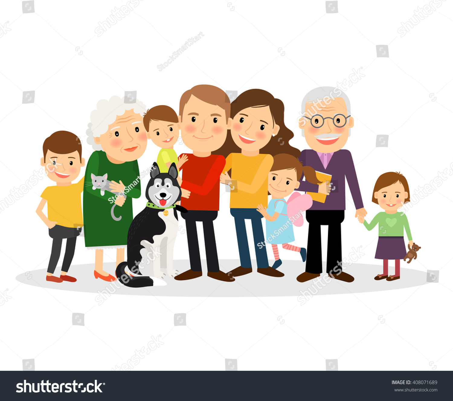 Cartoon Family Portrait. Big Family Together. Vector Illustration ...