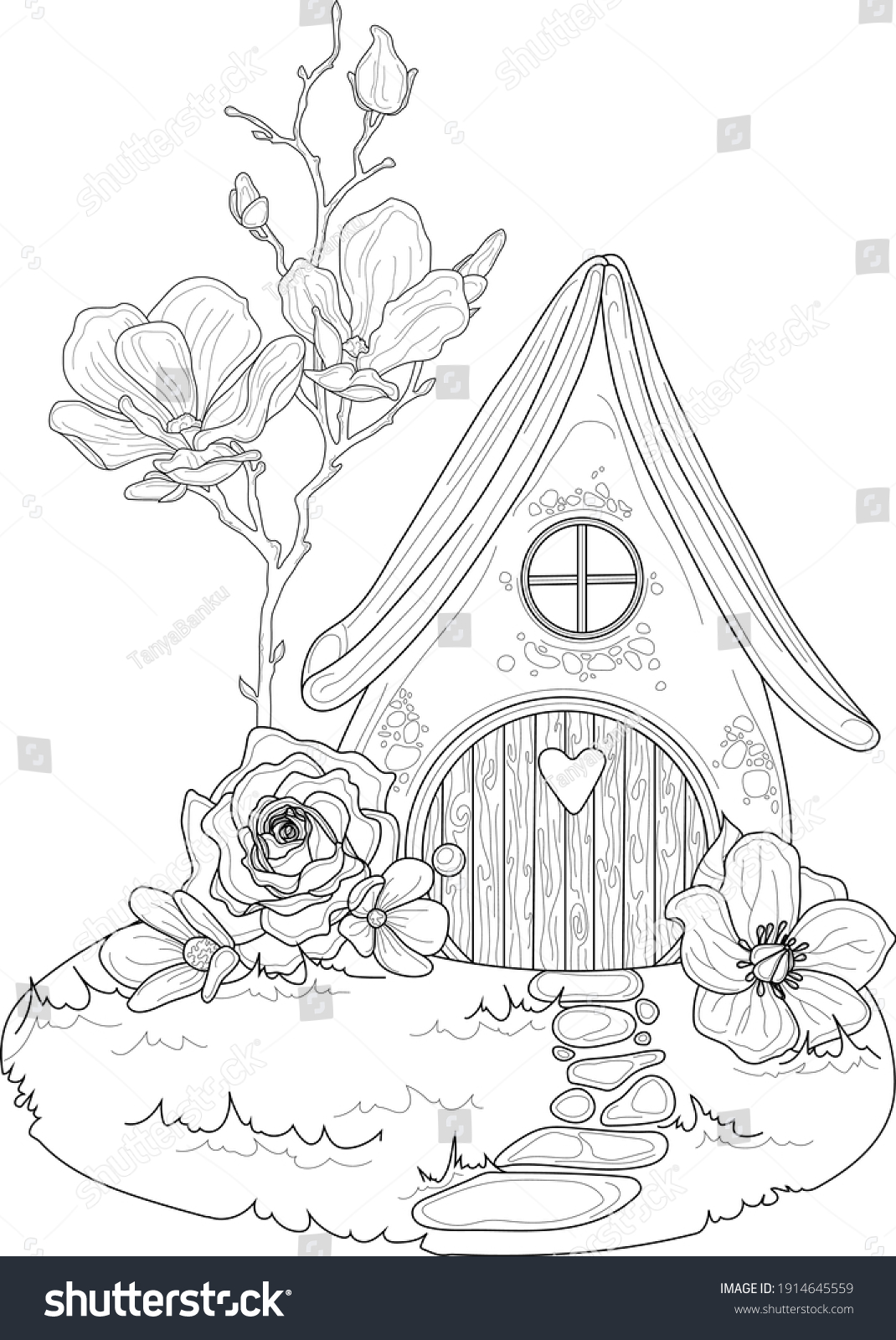 SVG of Cartoon fantasy graphic elf house with roses and magnolia flowers sketch template. Magic hobbit home vector illustration in black and white for games, decor. Coloring paper, page, story book, print svg