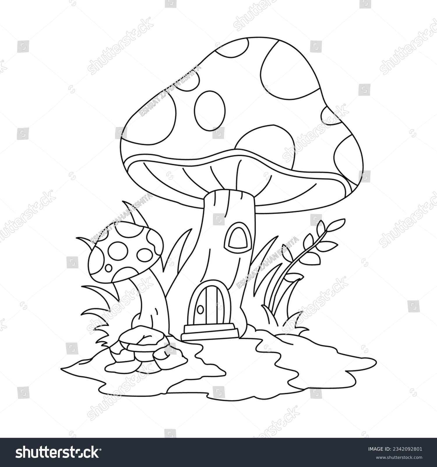 SVG of Cartoon fantasy graphic fairy house with tress and template, magic hobbit home vector illustration in black and white for games, decor, coloring book pages,line draw, line art, coloring pages,kids  svg