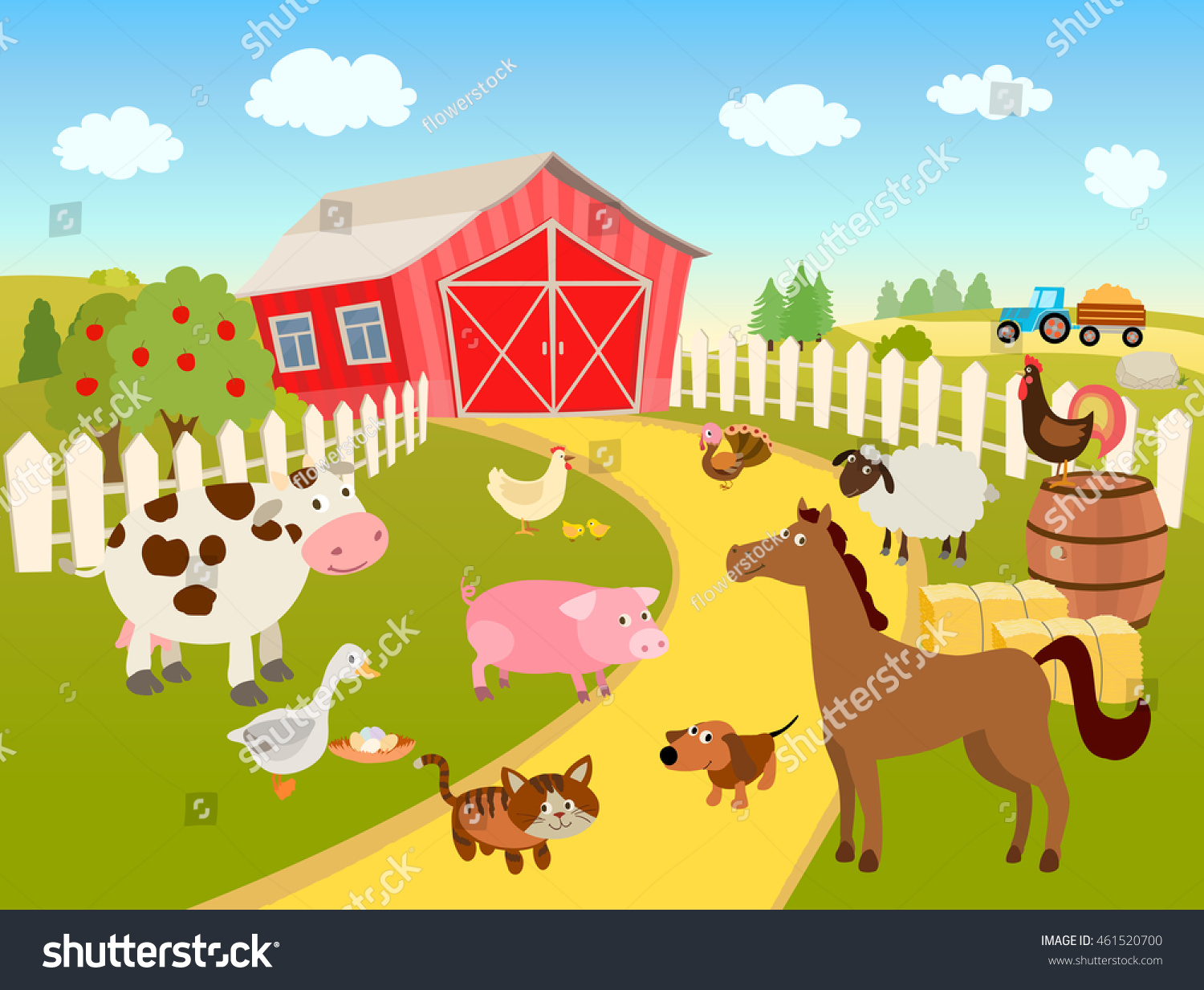 Cartoon Farm Scene Illustration Domestic Pets Stock Vector 461520700 ...
