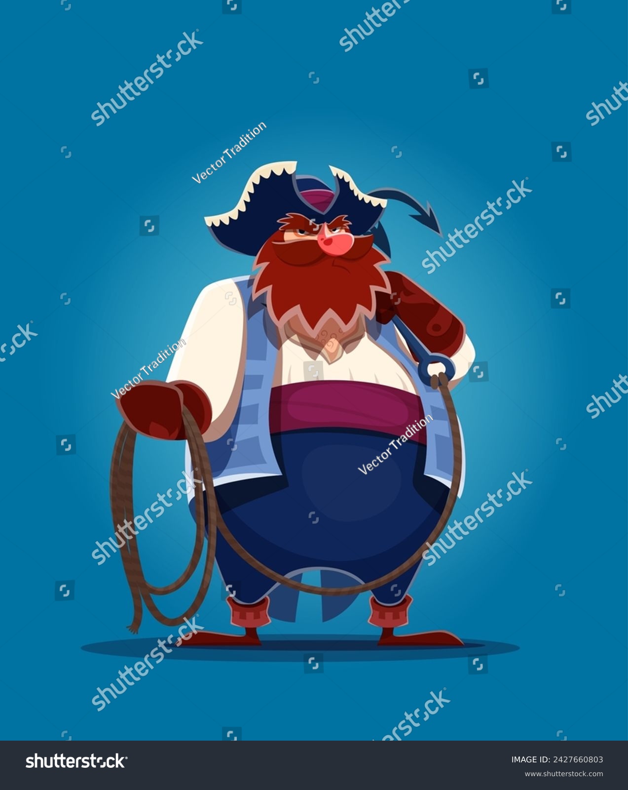 SVG of Cartoon fat pirate, corsair sailor character with grappling hook and rope. Piracy vector personage of funny red bearded pirate or buccaneer with big belly in sea robber costume and tricorn hat svg