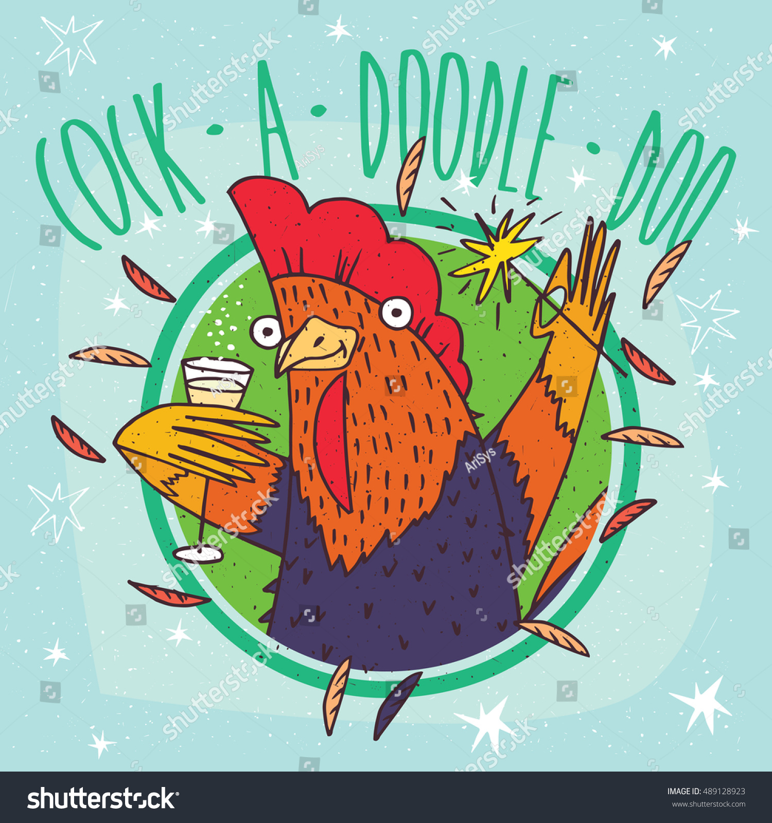 SVG of Cartoon festive cock or rooster in round frame holding glass of champagne and sparkler. Blue background and Cock a doodle doo lettering. Vector illustration svg