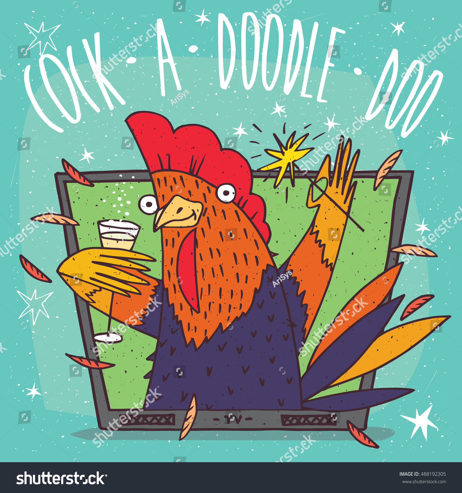 SVG of Cartoon festive cock or rooster in TV frame holding glass of champagne and sparkler. Blue background and Cock a doodle doo lettering. Vector illustration svg