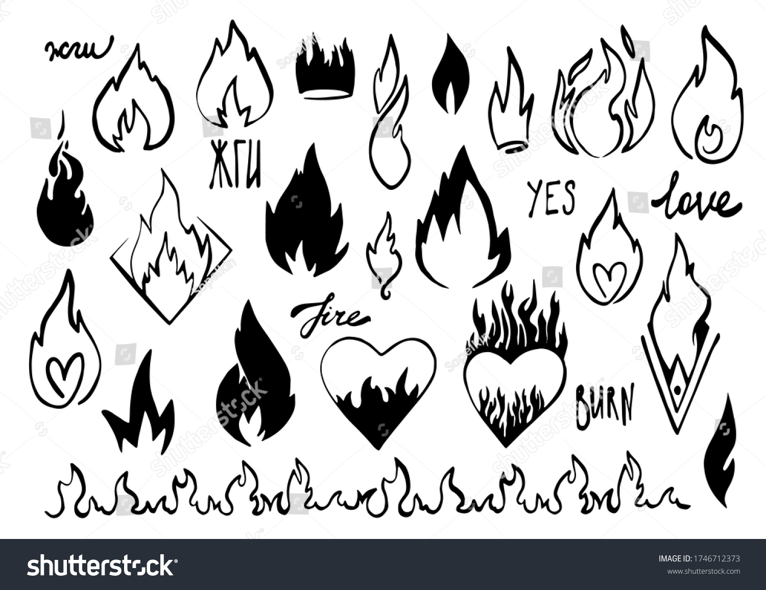 SVG of Cartoon fire flame. Graphic element vector. Sketch crown, fire heart, in love. Hand drawing hot black tattoo illustration on white vintage background. Line silhouette bonfire draw. Retro brush outline svg