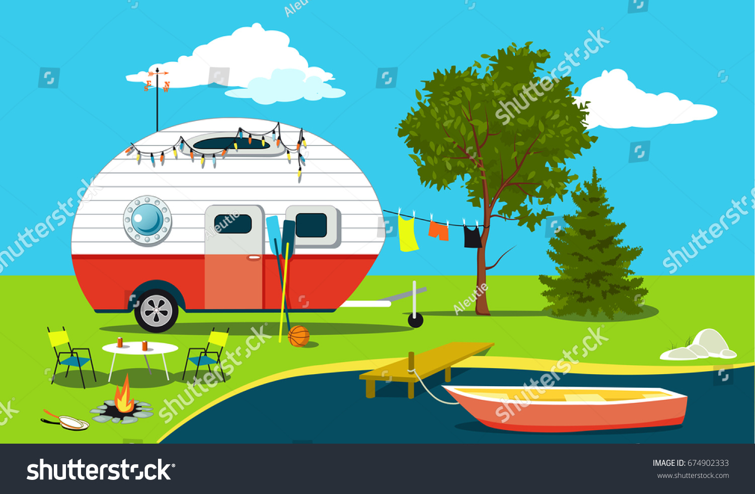 Download Cartoon Fishing Trip Scene Vintage Camper Stock Vector ...