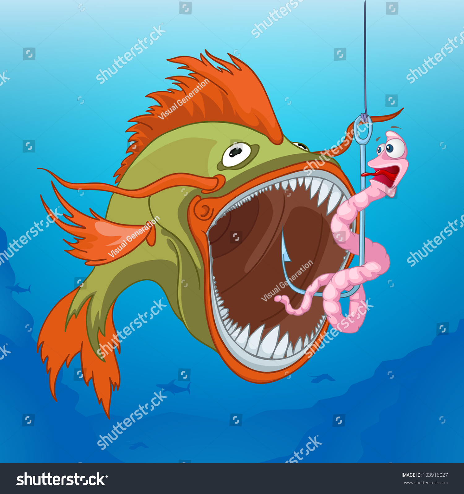Cartoon Fishing. Worm And Fish Scene. Vector Illustration Eps 10 ...