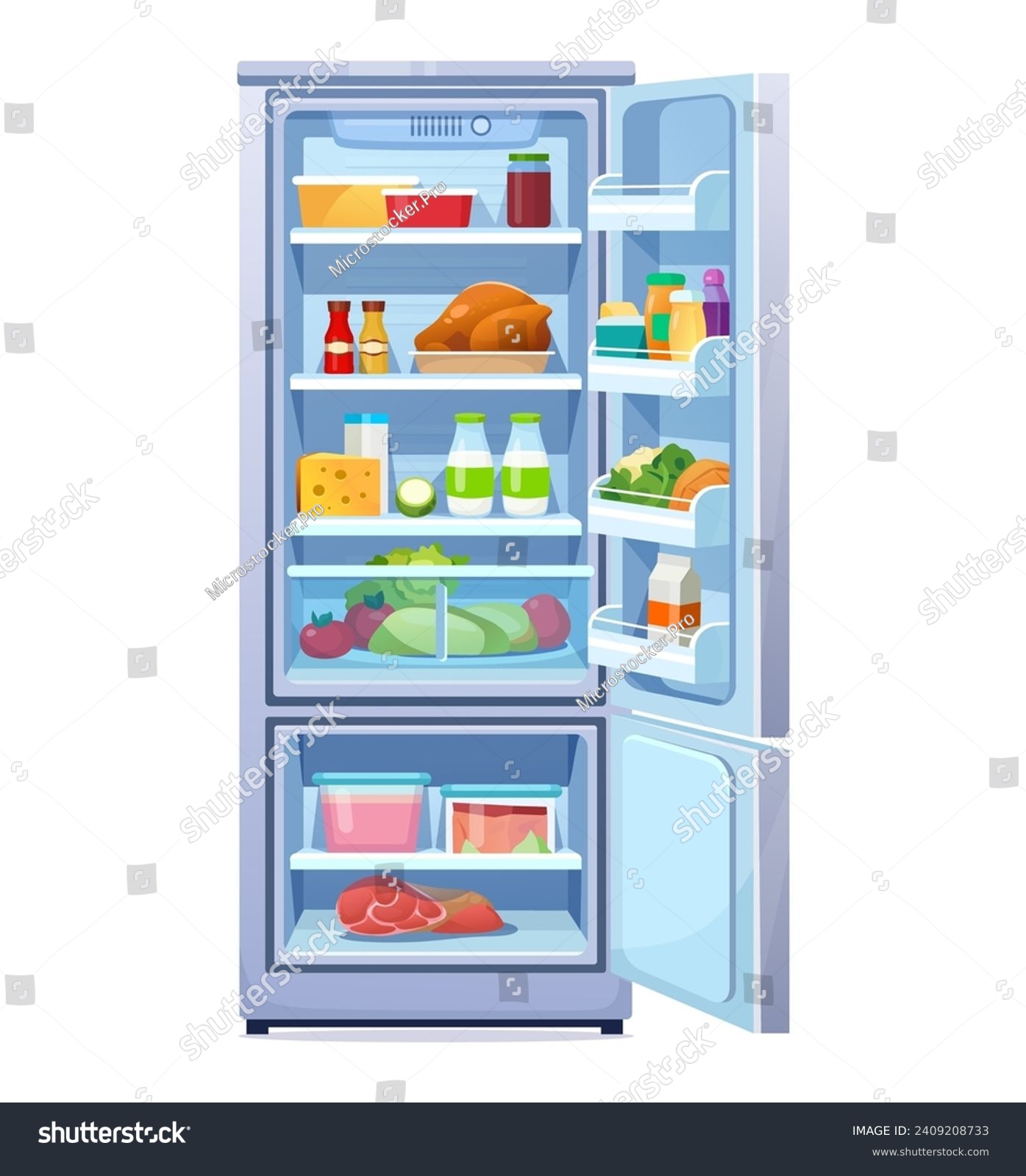 SVG of Cartoon fridge vector illustration. Flat style open refrigerator with shelves full of healthy food. Front View of modern blue two-compartment refrigerator with freezer isolated on white background. svg