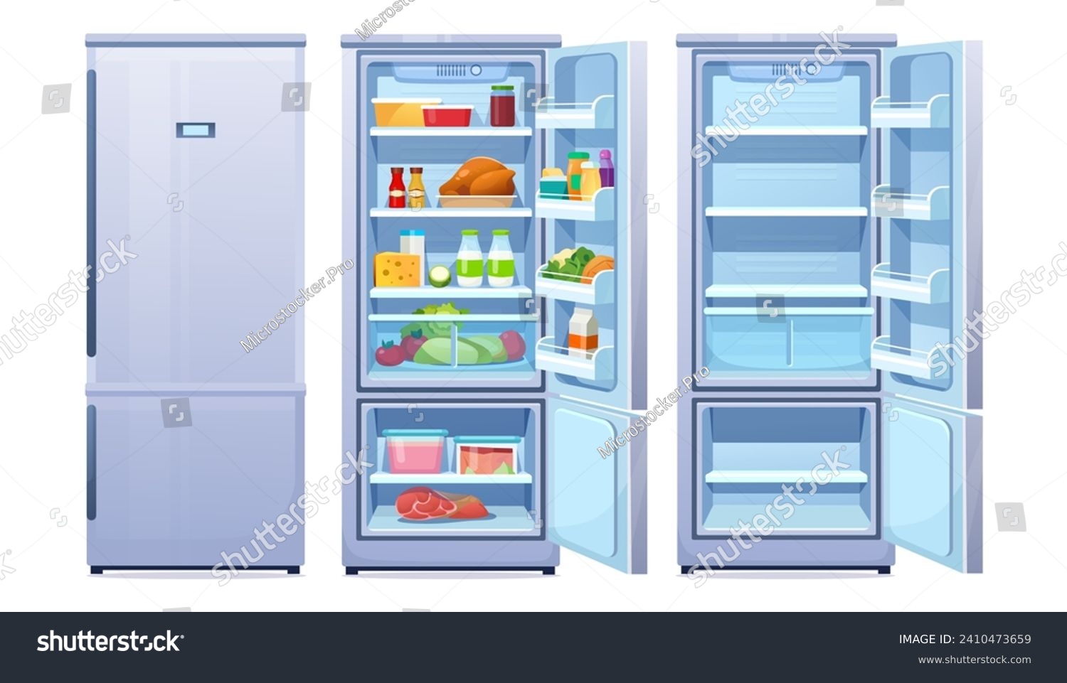 SVG of Cartoon fridge vector set. Flat style illustration with open and closed refrigerator with full and empty shelves. Front View of blue freezer with healthy food chicken, meat, fruits, milk, vegetables. svg