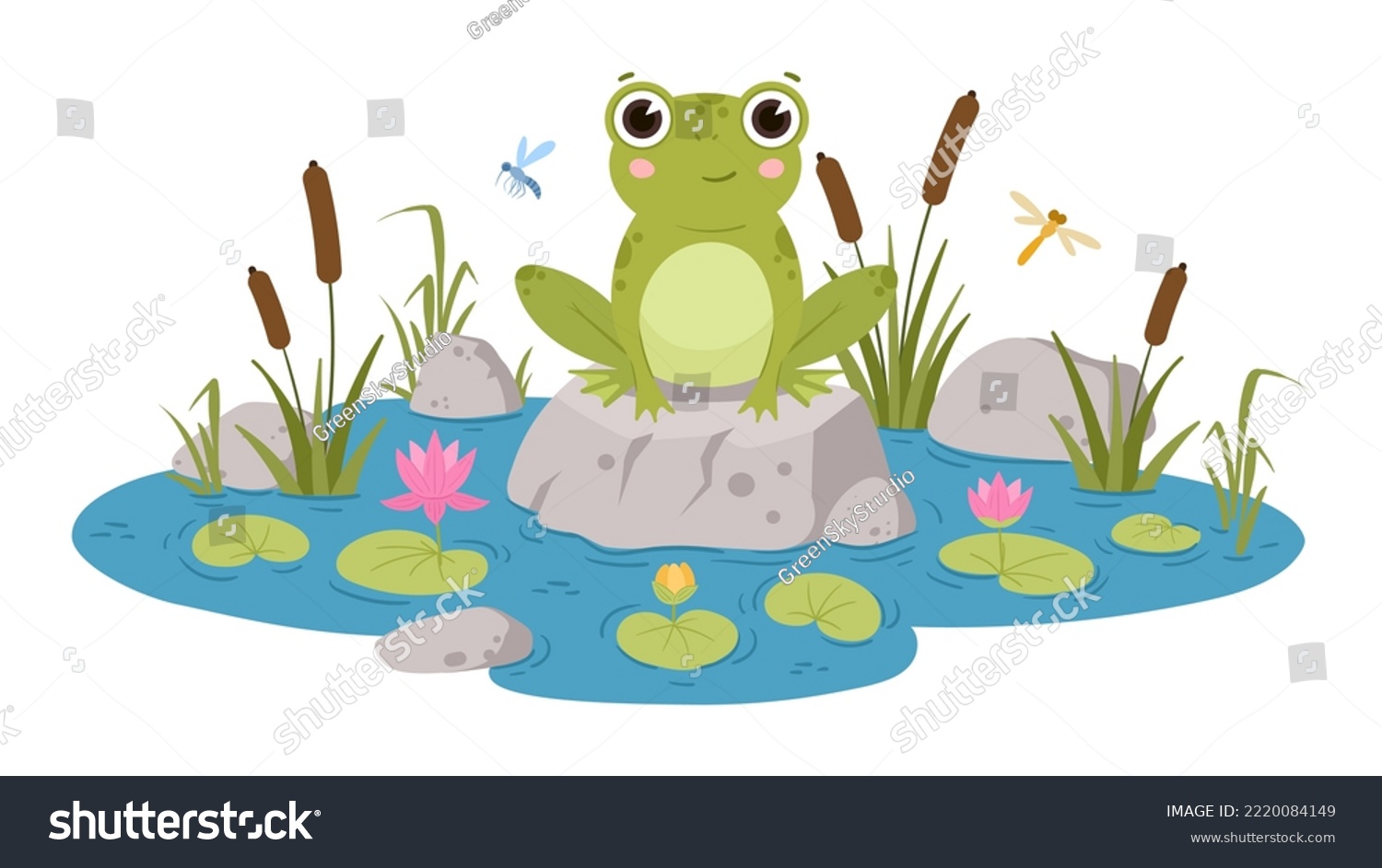SVG of Cartoon frog sitting in pond, cute amphibia. Green toad in natural habitat, froggy water animal in pond with water lilies and reeds flat vector illustrations. Green frog character svg