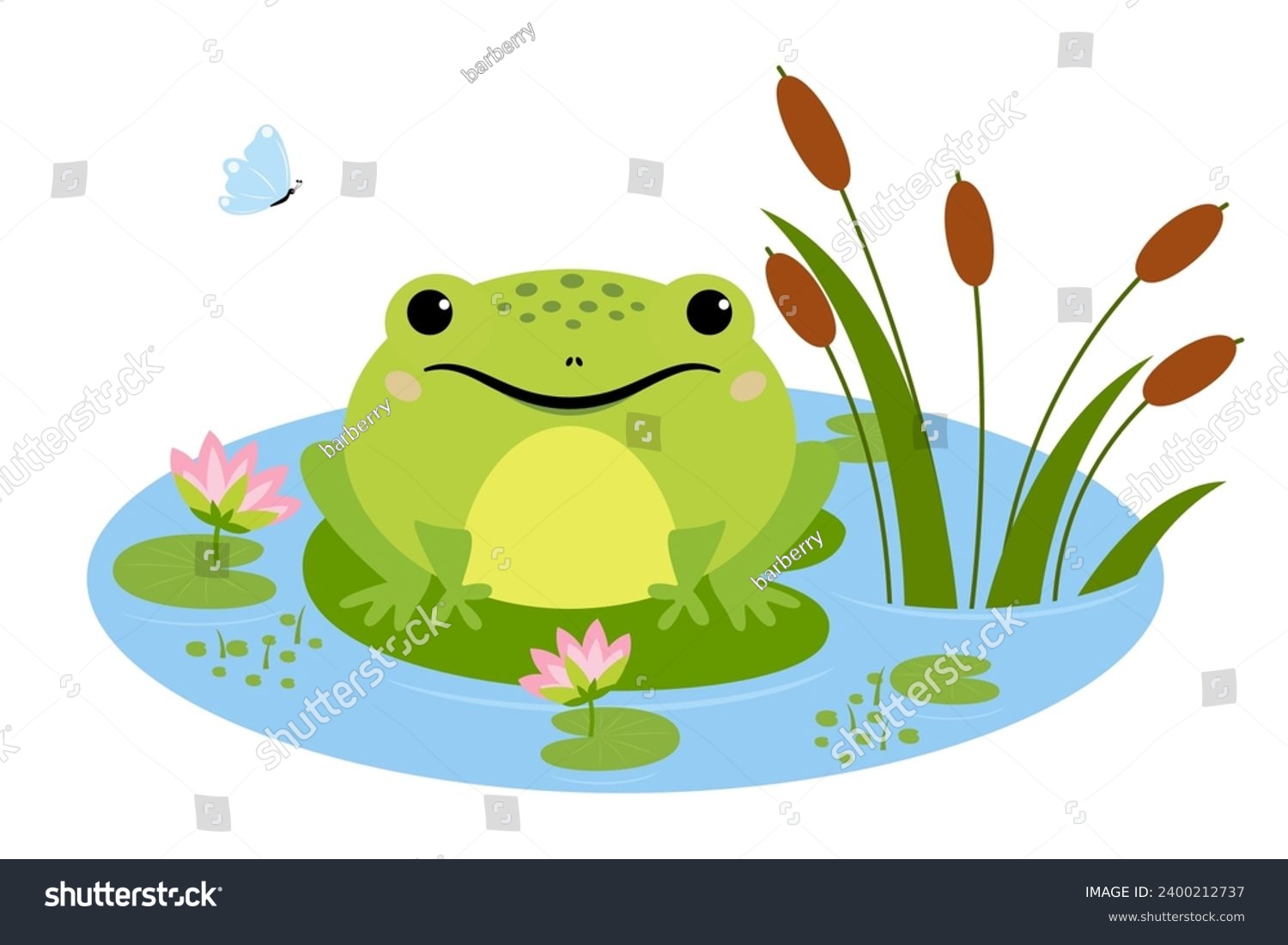 SVG of Cartoon frog sitting in pond, cute amphibia. Green toad in natural habitat, froggy water animal in pond with water lilies and butterfly svg