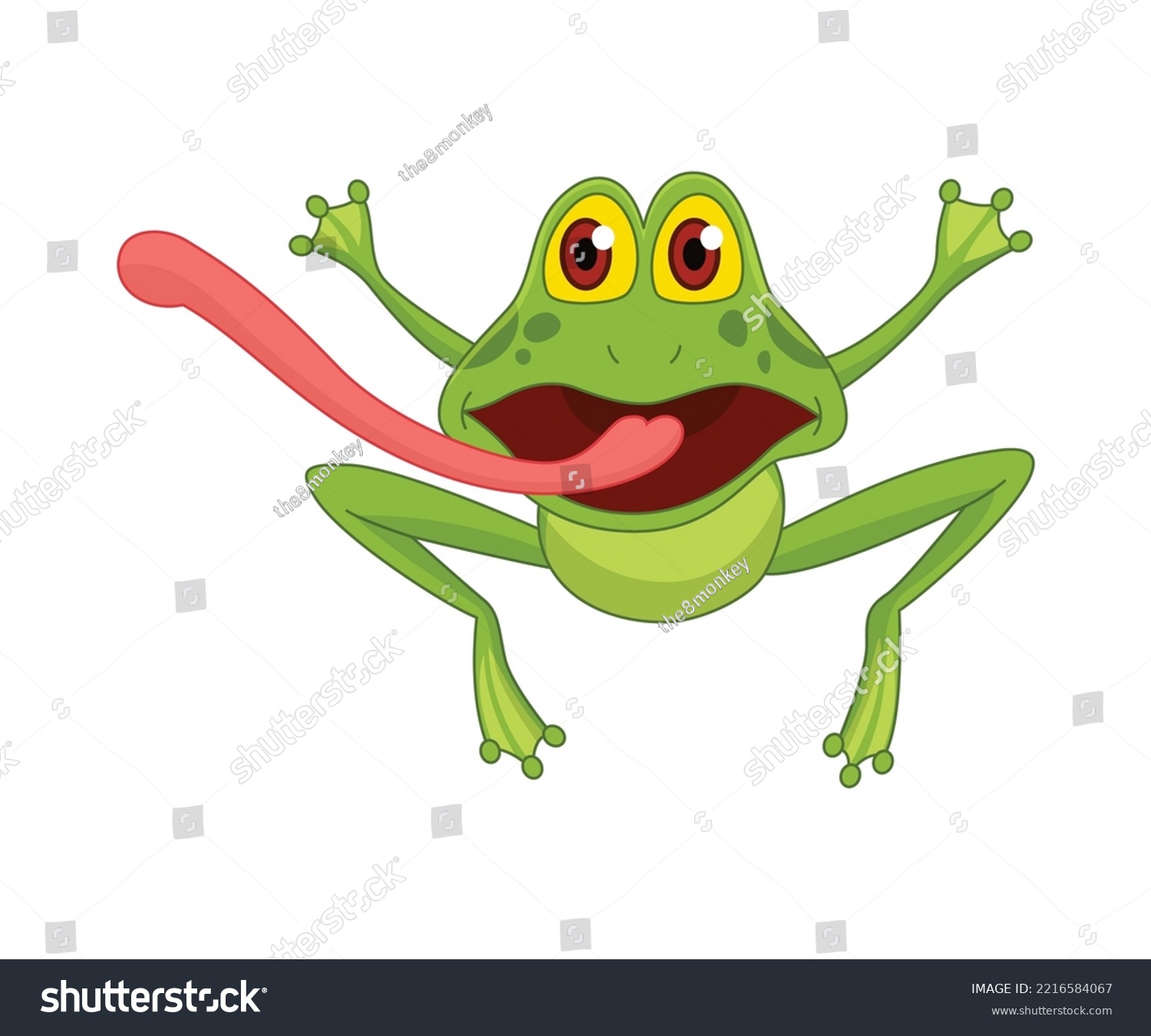SVG of Cartoon frogs Funny cartoon frog. Little amphibia character jumping on white background. Adorable froggy shows tongue svg