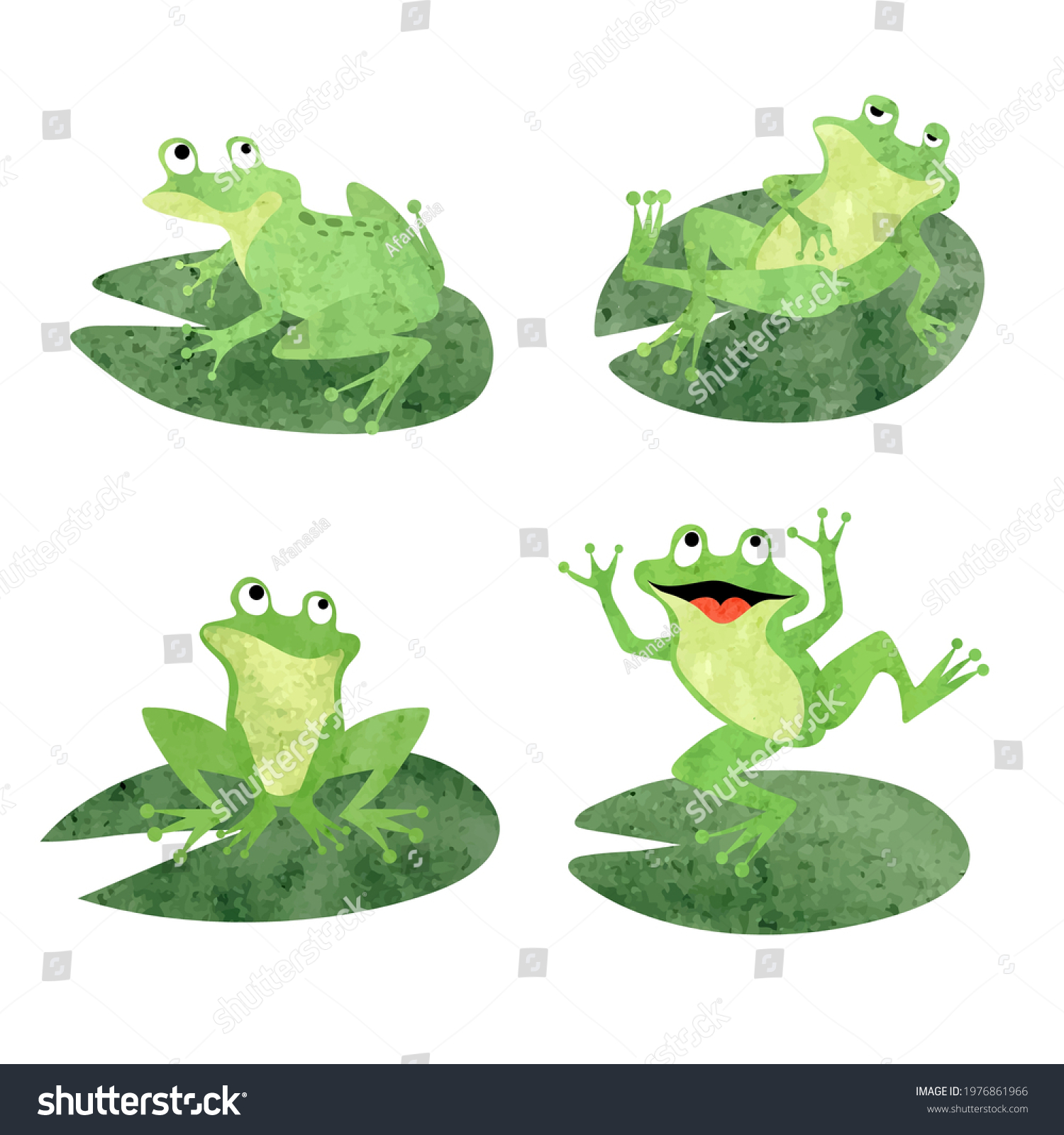 SVG of Cartoon frogs sitting on lily pads. Vector watercolor  green toads illustration. svg