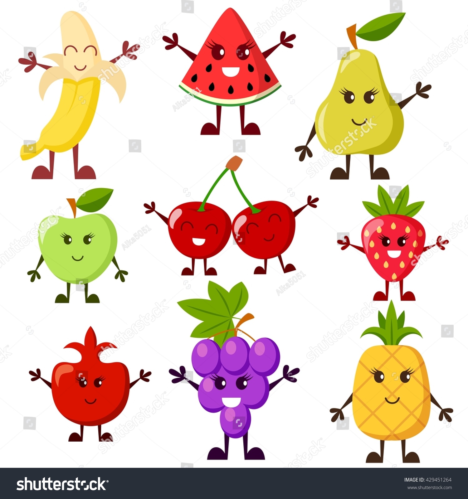 Cartoon Fruit Characters Grape Watermelon Apple Stock Vector 429451264 ...