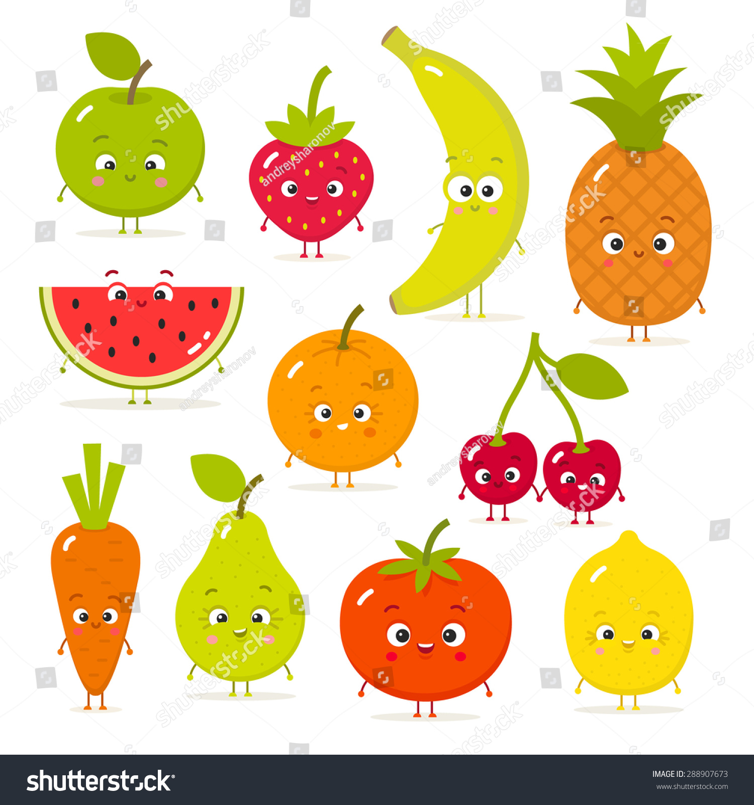 Cartoon Fruits And Vegetables With Eyes In Flat Style. Strawberry ...