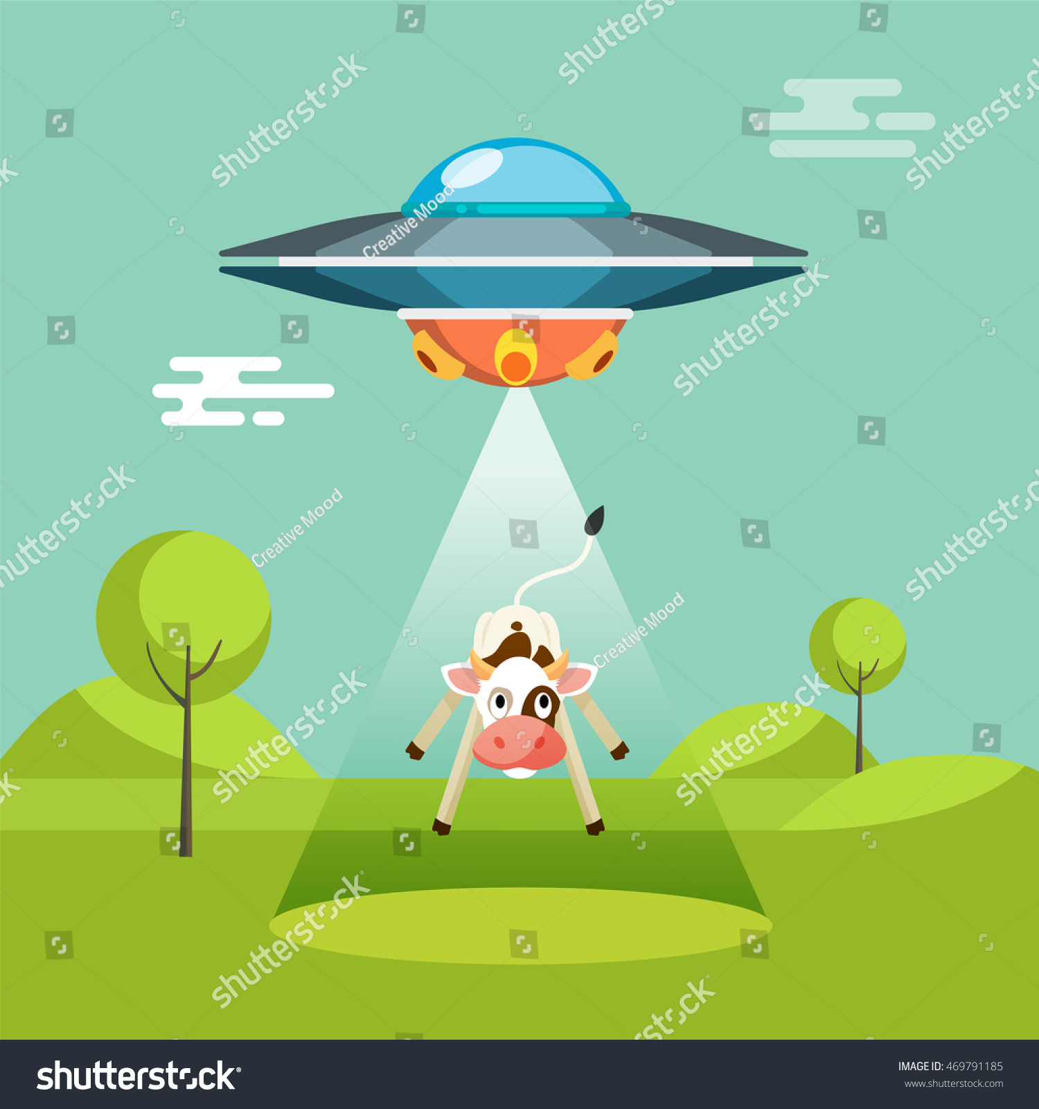 Cartoon Funny Aliens Spaceship Abducts Cow Stock Vector (Royalty Free ...