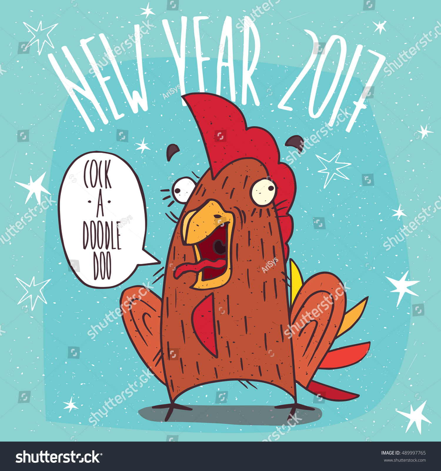 SVG of Cartoon funny cock or rooster with her mouth open stands and screaming Cock a doodle doo. Blue background with stars and New Year 2017 lettering. Vector illustration svg