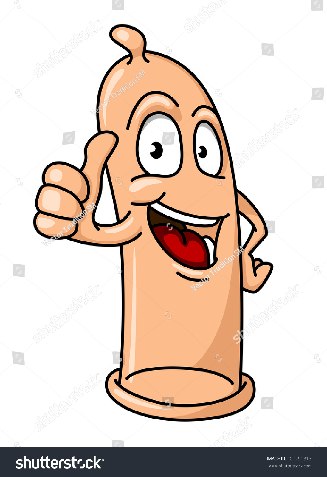 Cartoon funny condom with ok gesture isolated on white 