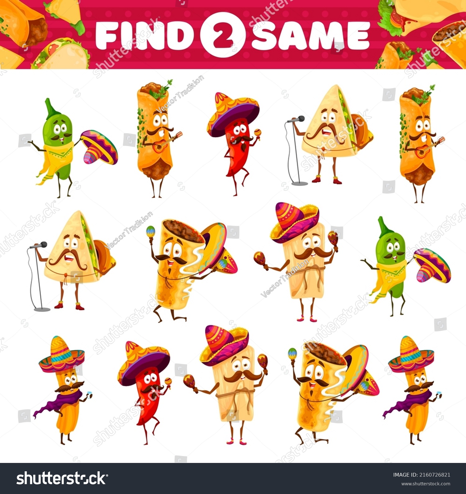 SVG of Cartoon funny mexican food characters, find two same tex mex personages. Vector jalapeno, burrito, enchiladas, chilli pepper, tamales and chimichanga or churros mariachi artists educational riddle svg
