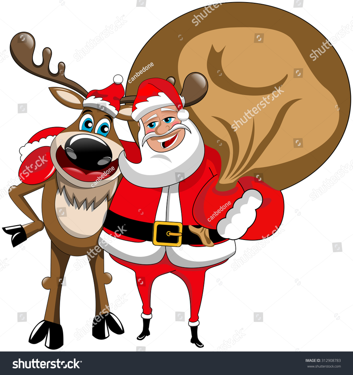 Cartoon Funny Reindeer And Santa Claus Hugging Isolated Stock Vector ...