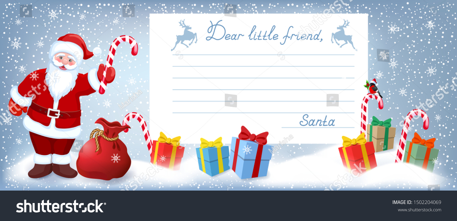 SVG of Cartoon funny Santa Claus with striped candy and layout letter with inscription 