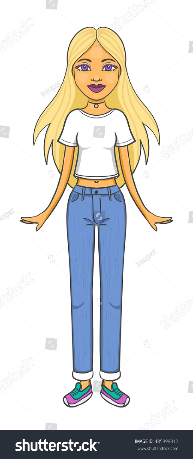 Cartoon Girl Character Long Blonde Hair Stock Vektorgrafik Lizenzfrei 485998312