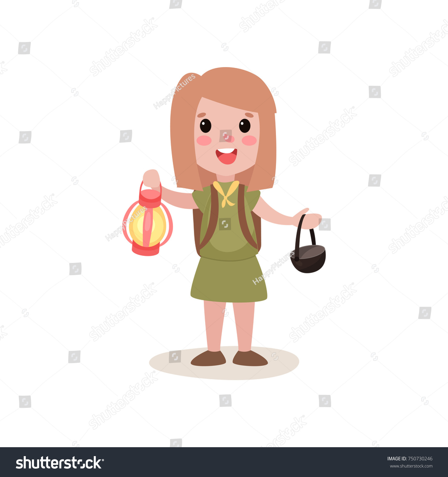 SVG of Cartoon girl scout holding red coleman lantern and black cauldron in hands svg